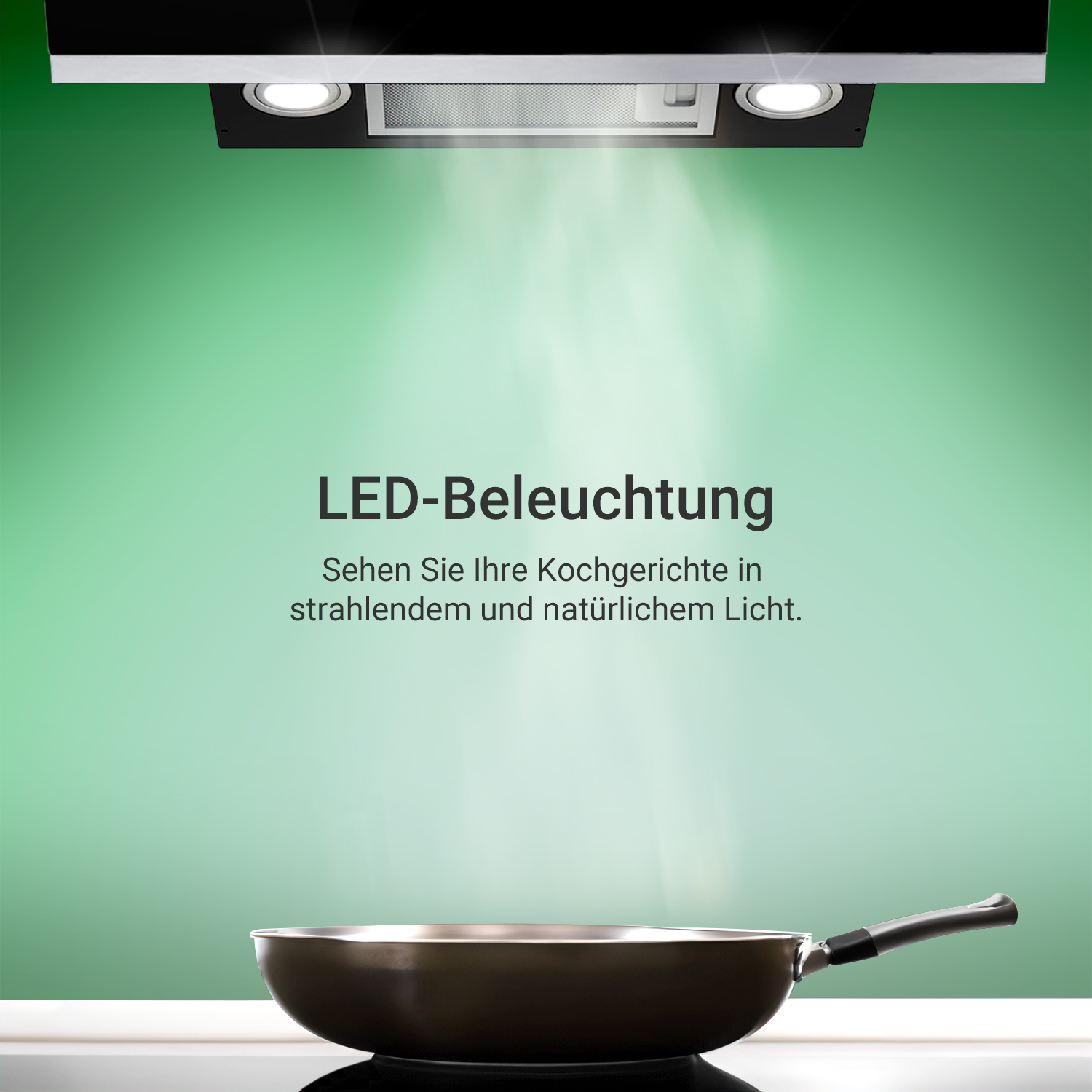 Una cappa aspirante con illuminazione LED sopra una padella, testo: Illuminazione LED.