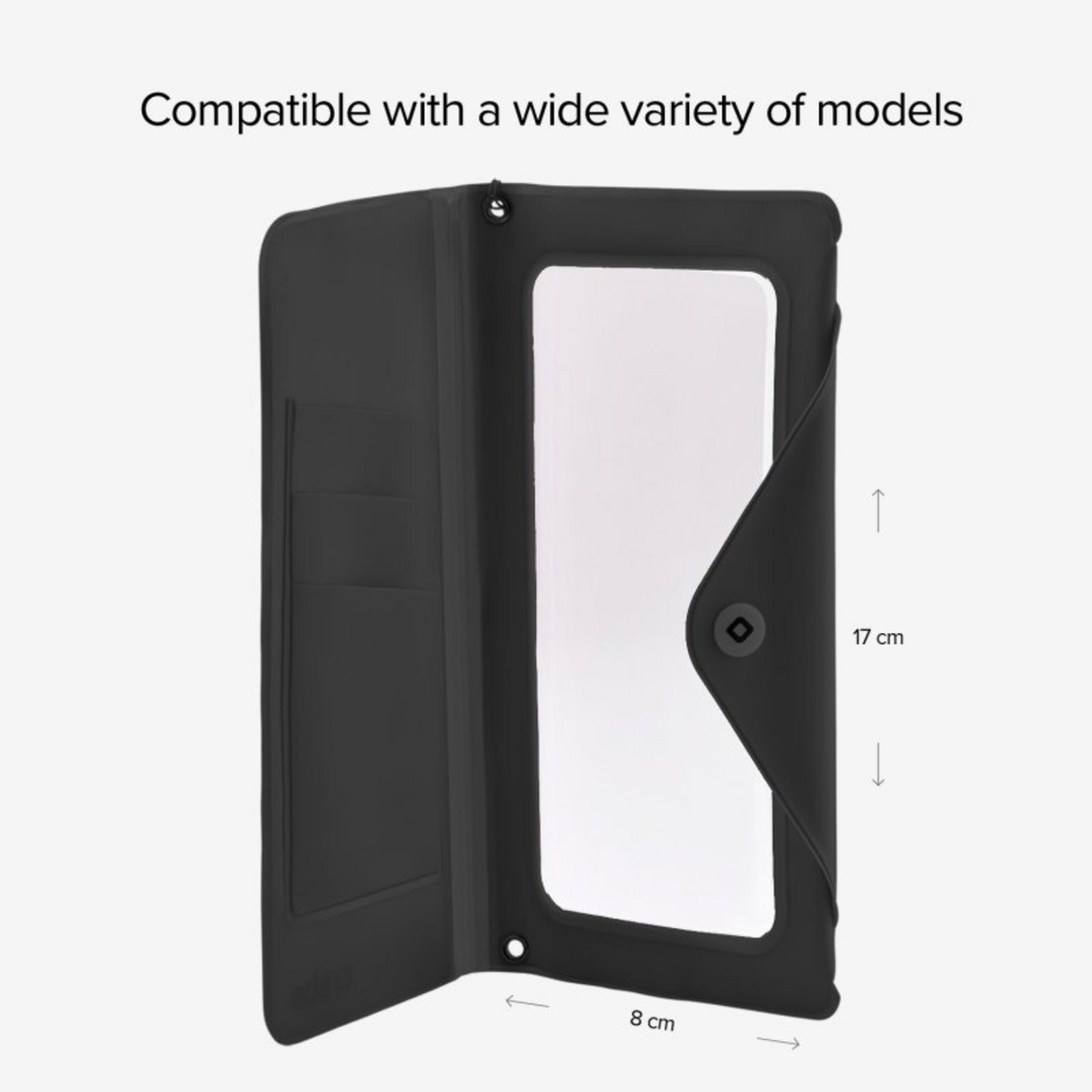 Funda de móvil negra plegable con ventana transparente y tarjetero sobre fondo blanco.