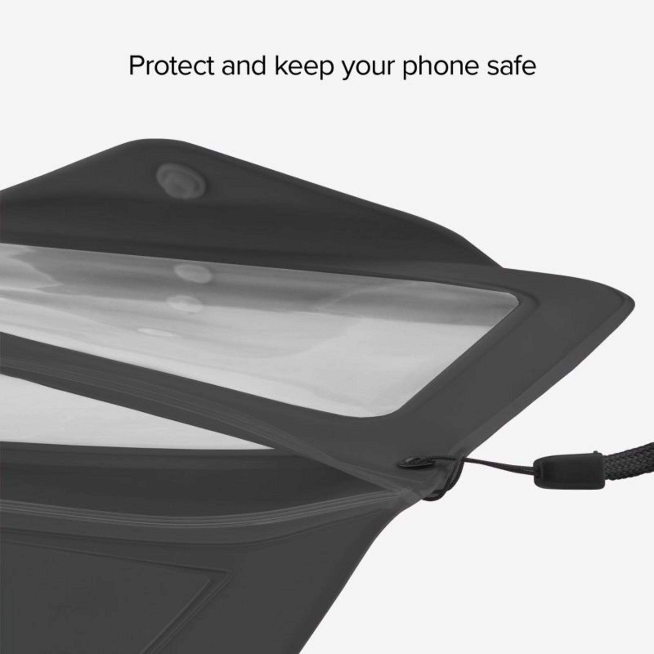 Una funda impermeable negra para teléfono con ventana transparente y cordón, sobre fondo blanco.