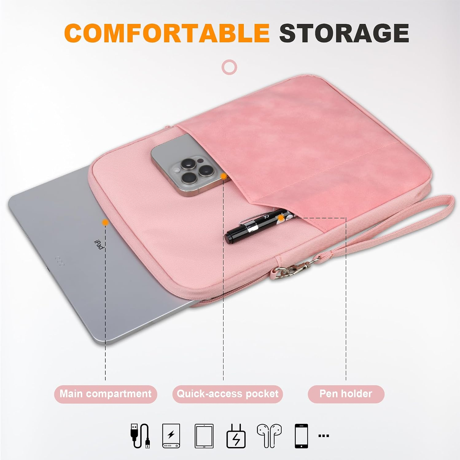 Rosa Laptoptasche mit Hauptfach, Zubehörtasche und Stiftehalter, gefüllt mit Tablet und Smartphone.