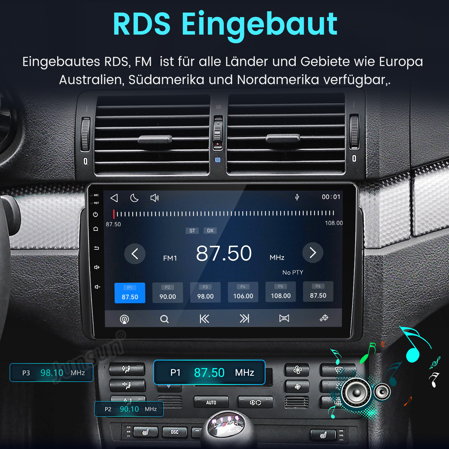 Ein Car-Radio-Bildschirm zeigt FM 87.50 MHz und Tasten in einem Auto-Armaturenbrett.