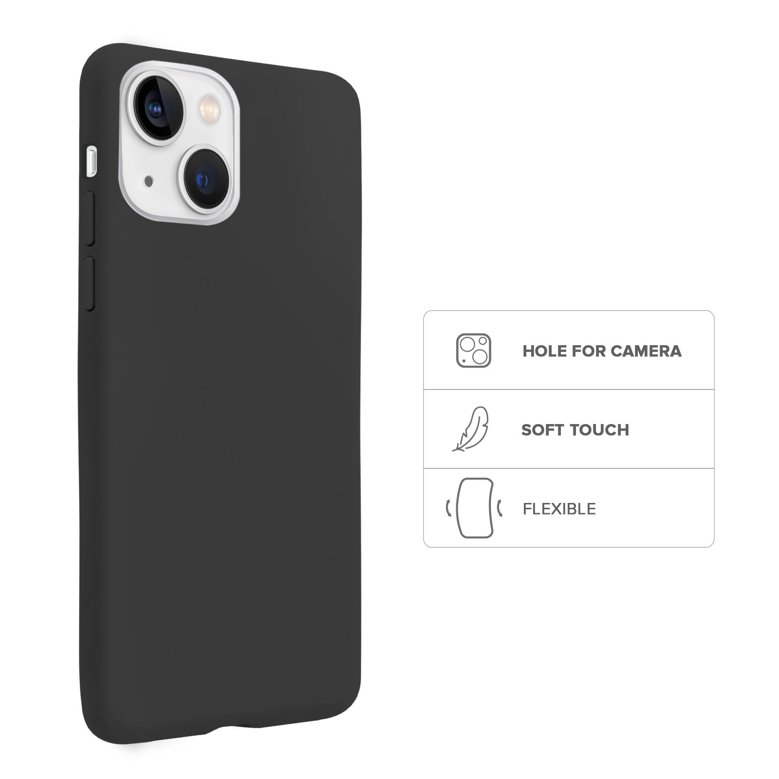 Funda negra con abertura para cámara, tacto suave y material flexible, acompañada de iconos explicativos.