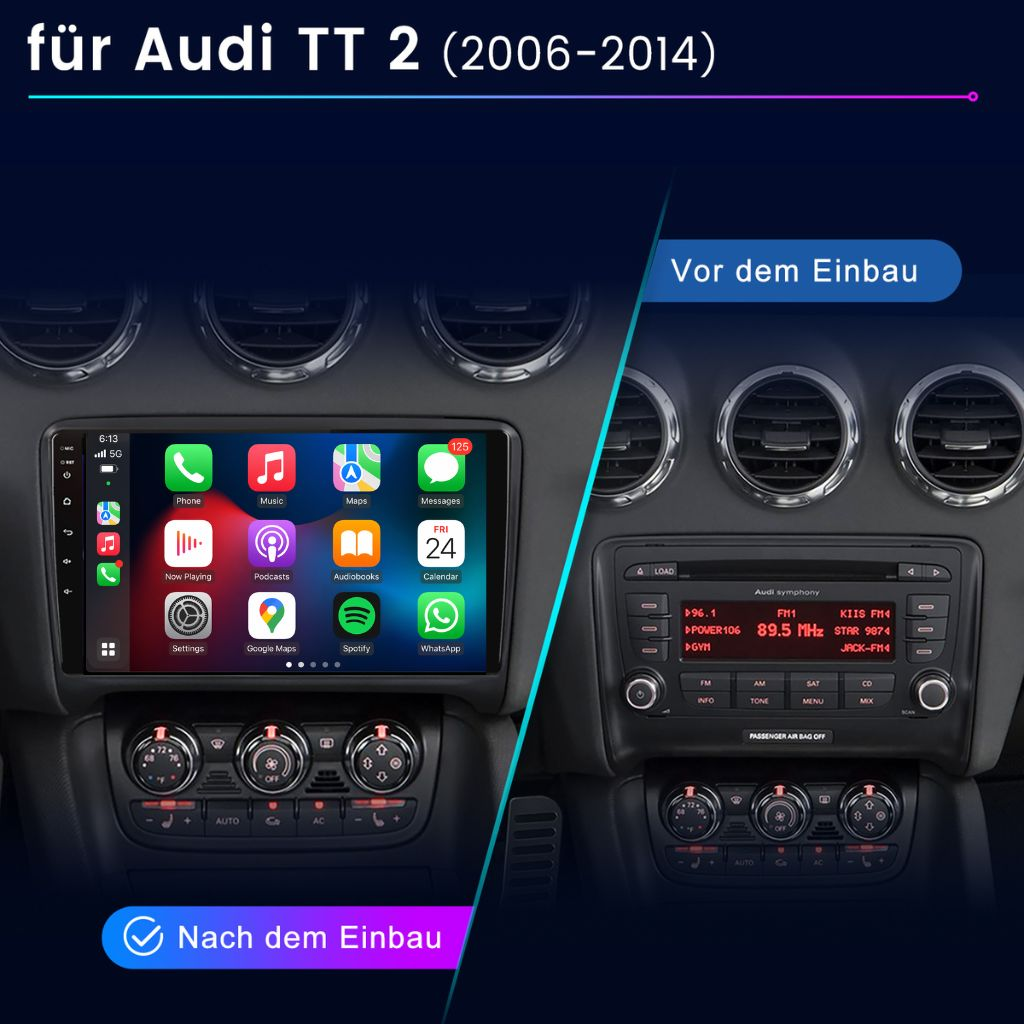 Vergleich der Audi TT 2 Mittelkonsole vor und nach dem Einbau eines neuen Infotainmentsystems.