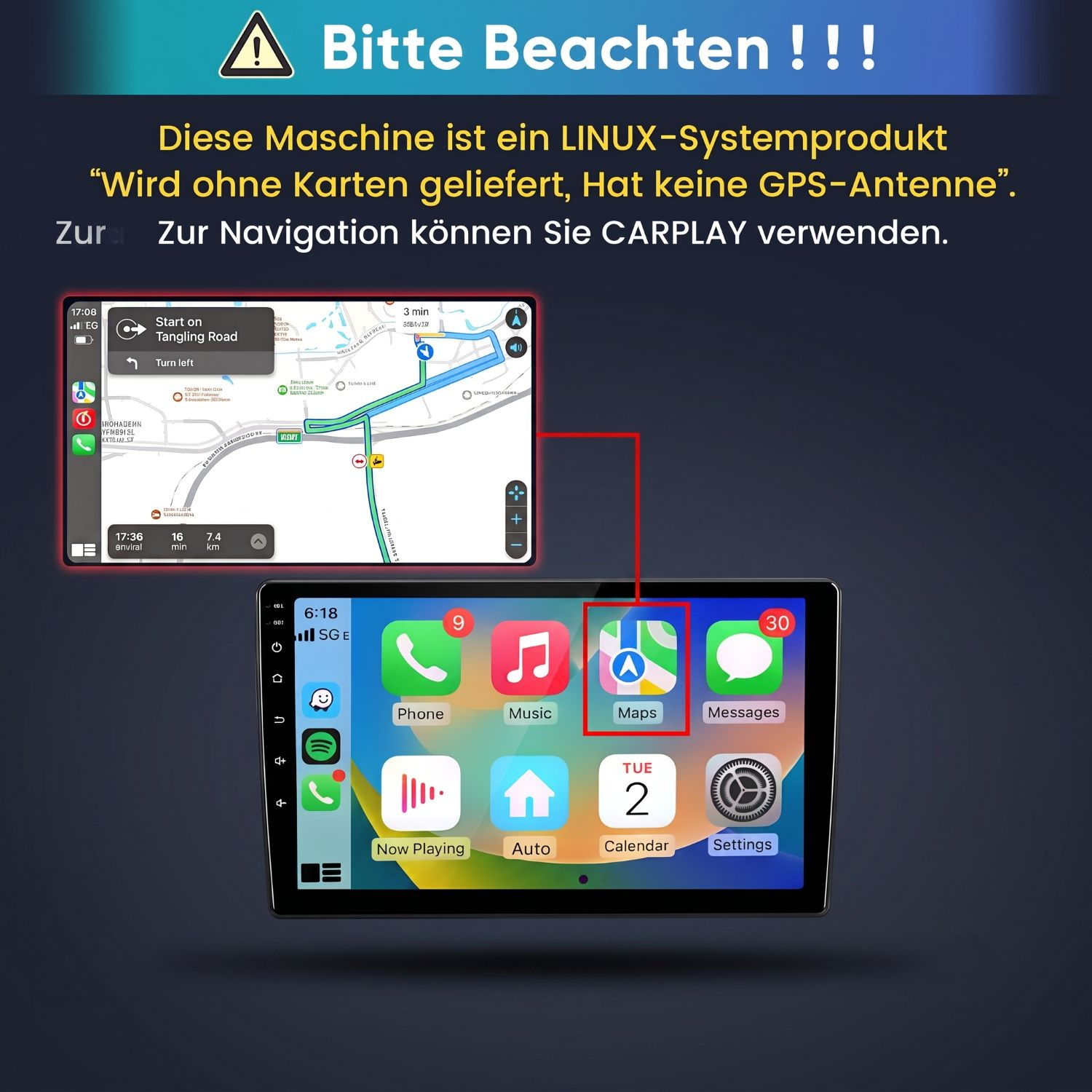 Informationsbild über ein Linux-Autosystem ohne Karten, das CarPlay zur Navigation nutzt.