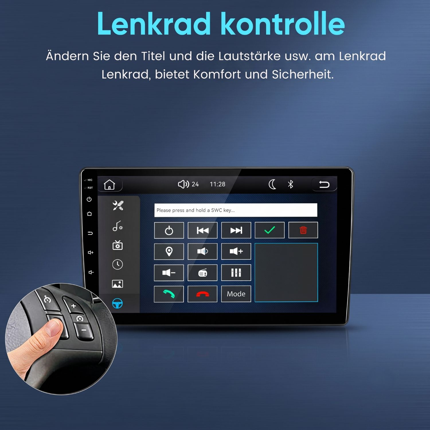 Lenkradsteuerung auf Auto-Display mit Tasten-Setup und Hand am Lenkrad.
