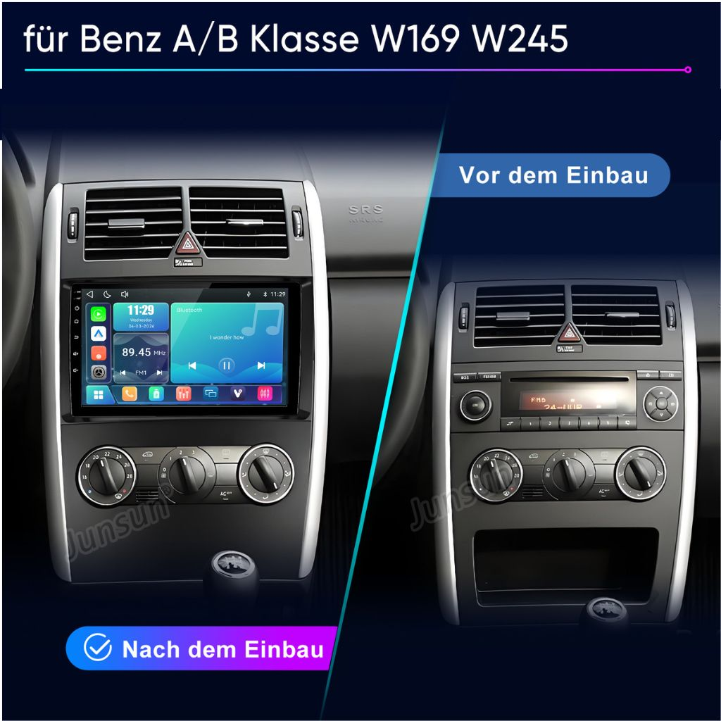 Vergleich eines Armaturenbretts vor und nach der Installation eines Multimedia-Touchscreen-Systems für Benz A/B.
