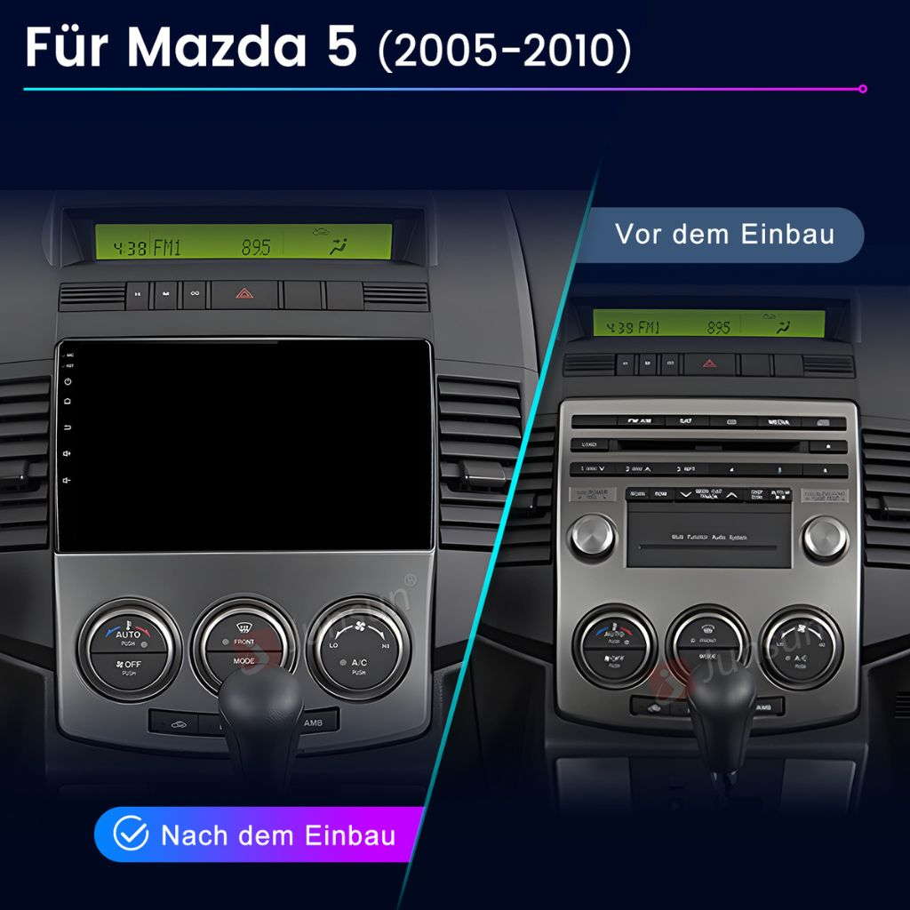 Vergleich des Mazda 5 Armaturenbretts vor und nach der Installation eines modernen Touchscreen-Systems.