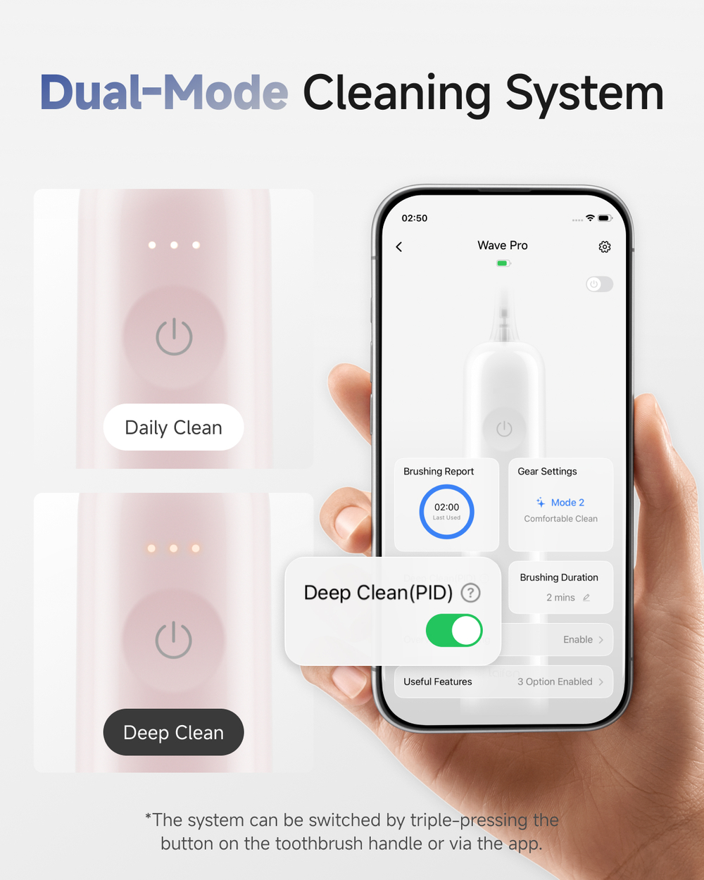 Smartphone affichant le contrôle par application avec des vues d'un manche de brosse à dents en mode quotidien et profond.