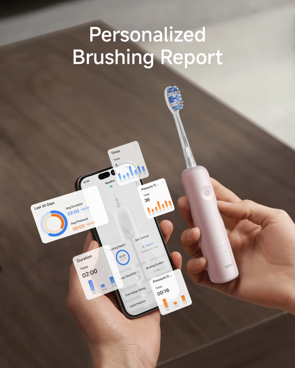 Rapport de brossage personnalisé avec brosse à dents électrique rose et écran d'application.