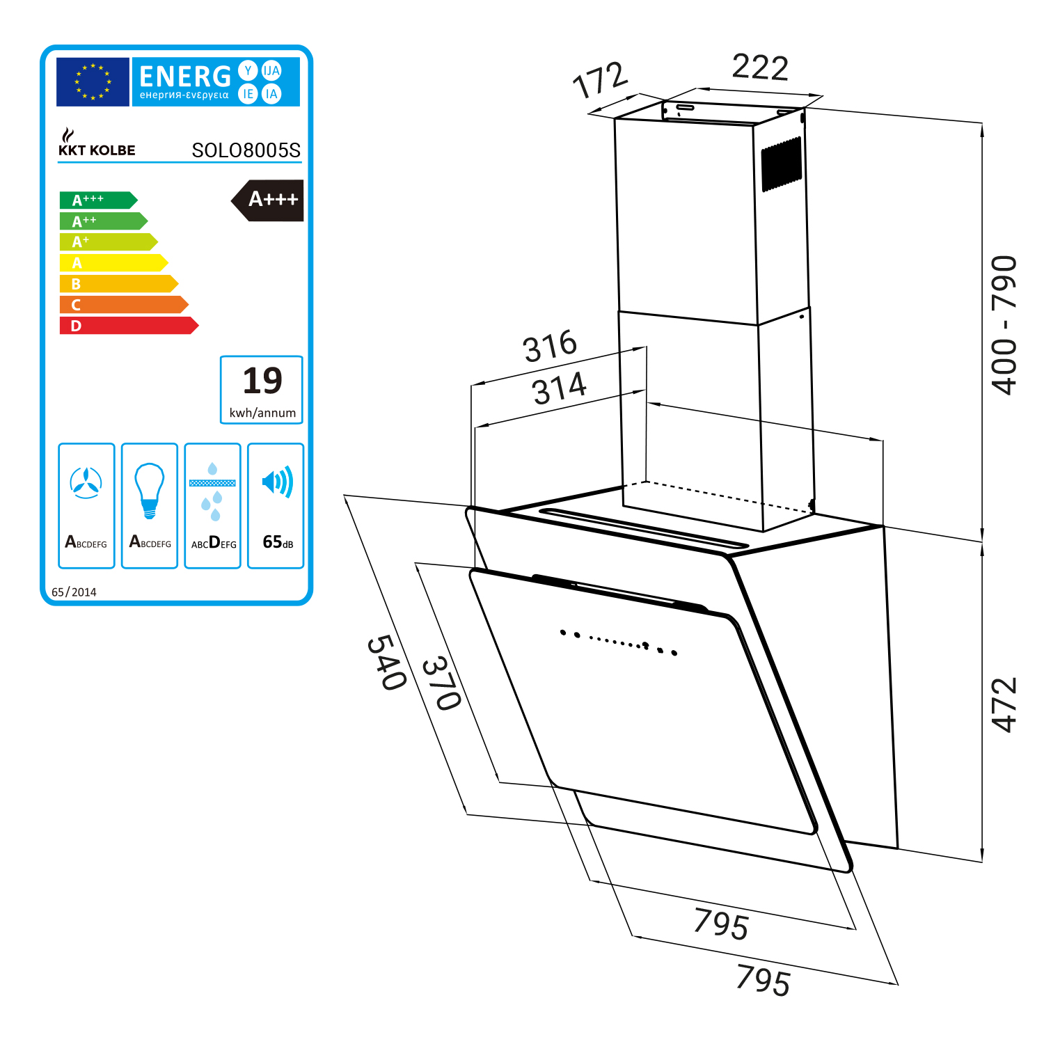 Disegno tecnico di una cappa da cucina con dimensioni ed etichetta di efficienza energetica.