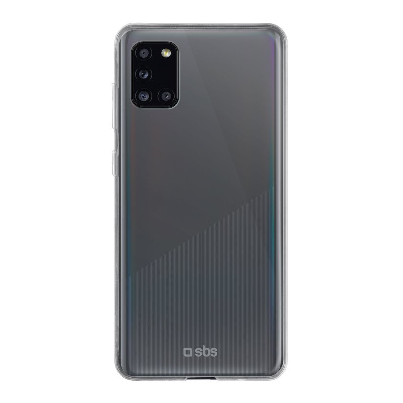 Parte trasera de un smartphone gris en funda transparente con cámara cuádruple.