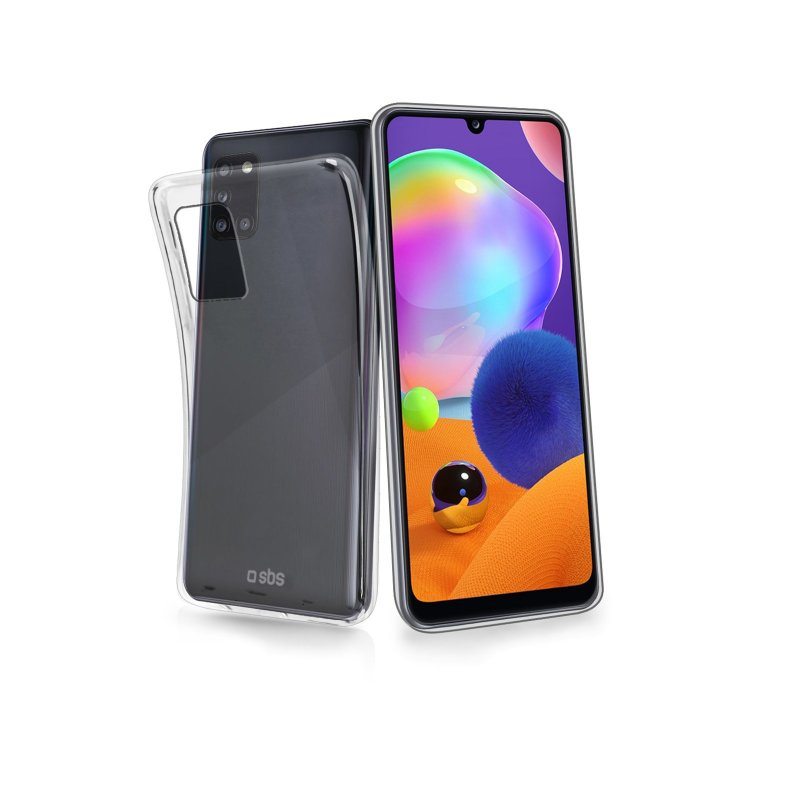 Un smartphone en funda transparente, con pantalla y parte trasera.
