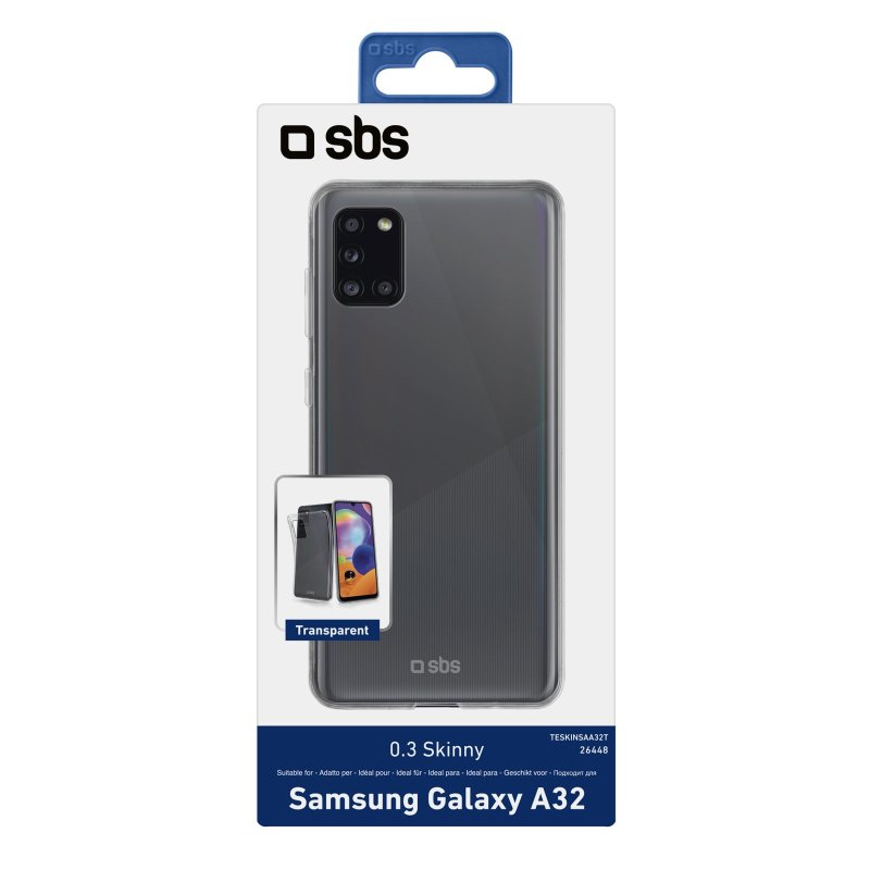 Embalaje de una funda transparente SBS 0.3 Skinny para Samsung Galaxy A32.