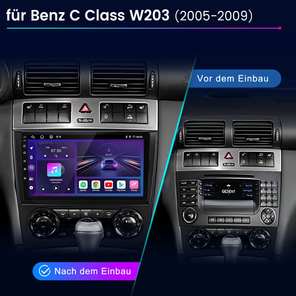 Vergleich eines Autoradios in einem Benz C Class W203 vor und nach dem Einbau.