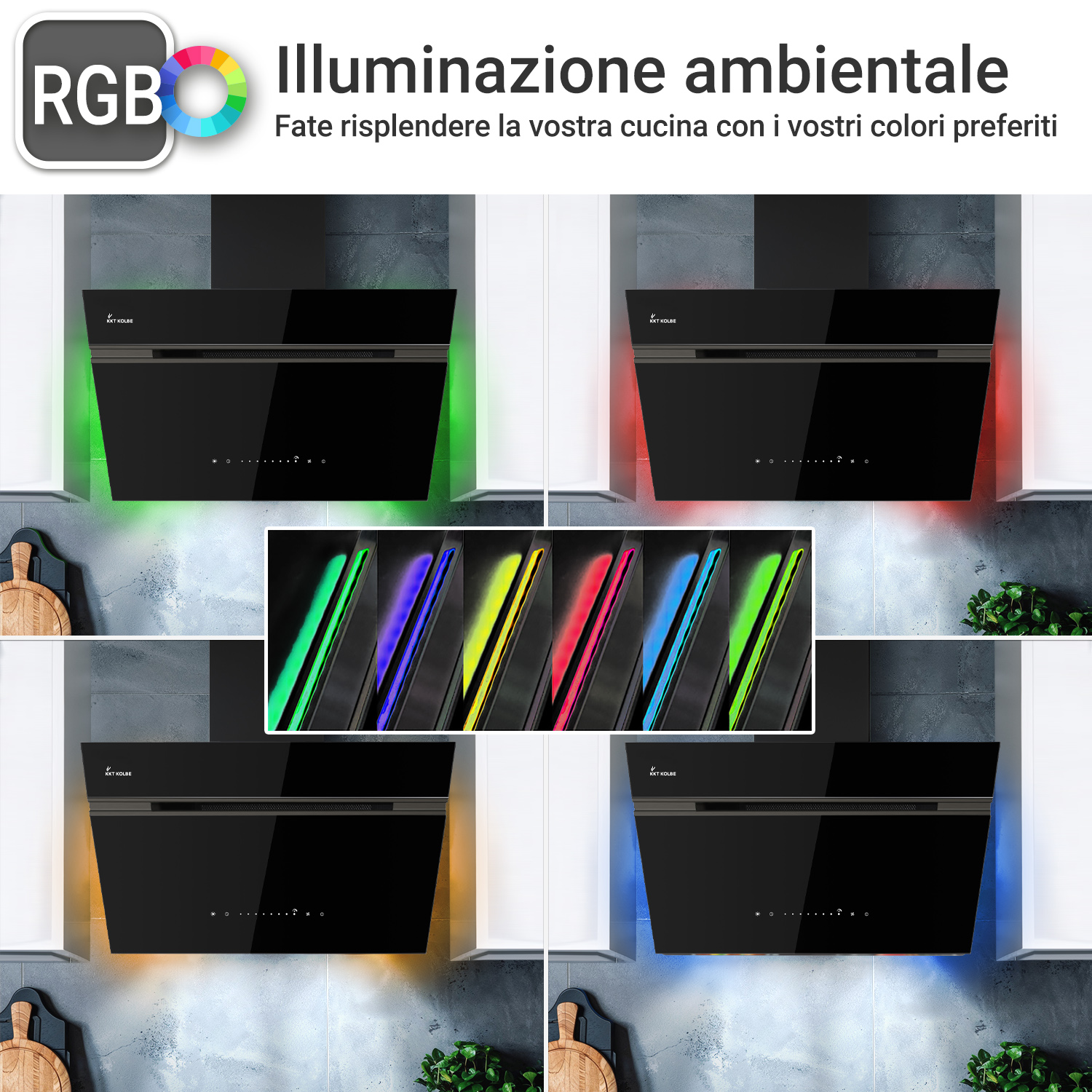 Cappa aspirante nera con illuminazione ambientale RGB personalizzabile.