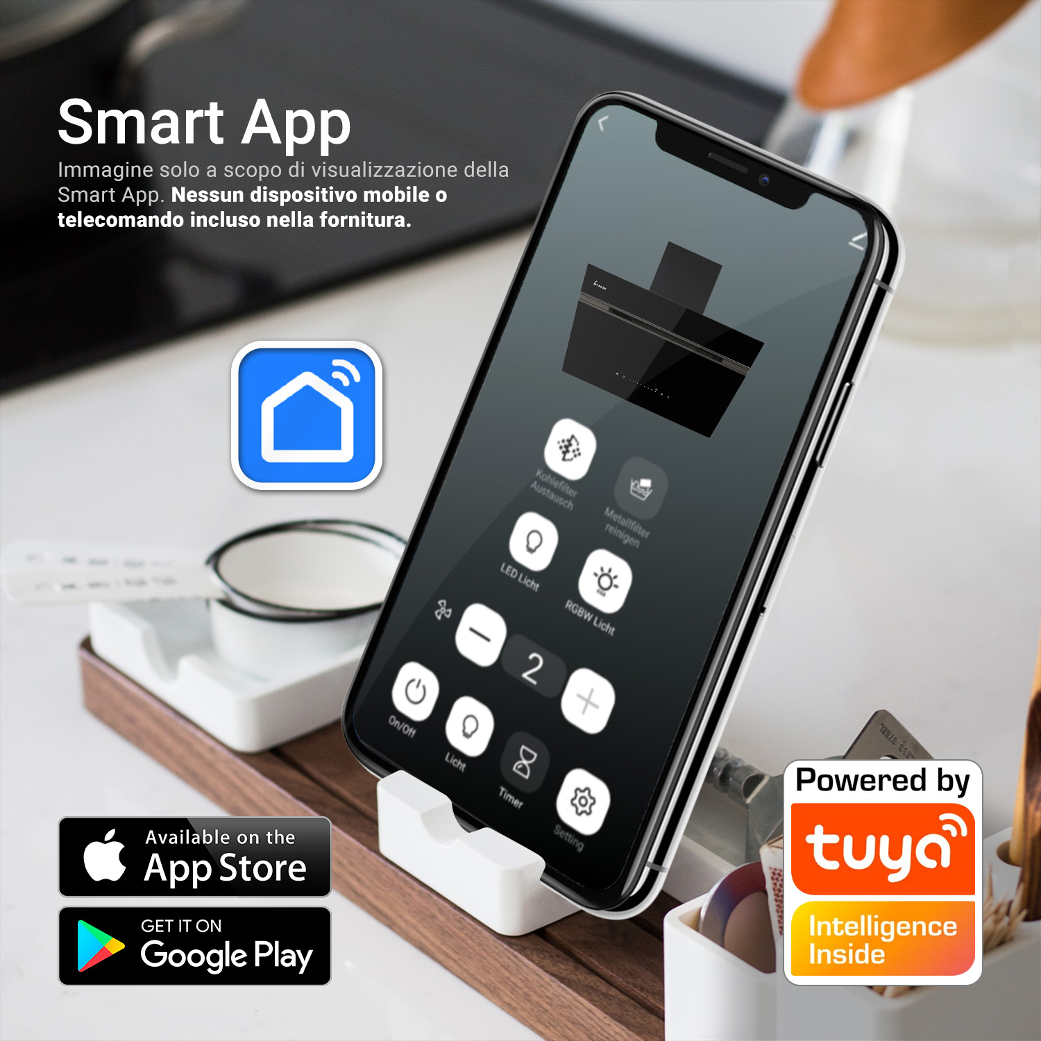 Smartphone che mostra un'app smart per controllare una cappa da cucina.