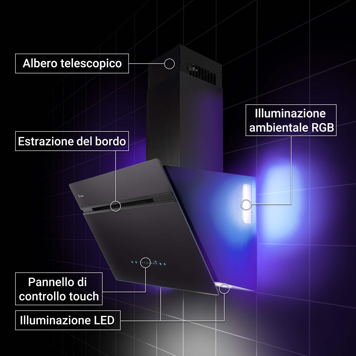 Cappa aspirante nera con controllo touch, luce RGB e illuminazione LED contro parete di piastrelle blu scuro.