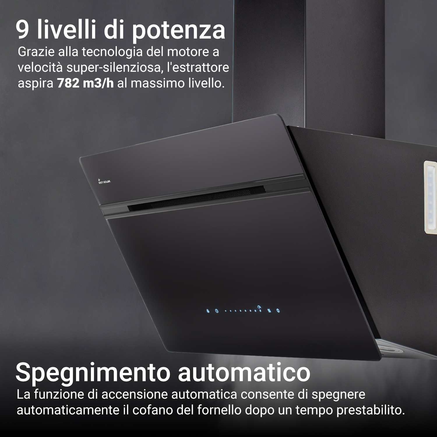 Moderna cappa aspirante nera con comandi a sfioramento e testo in italiano.