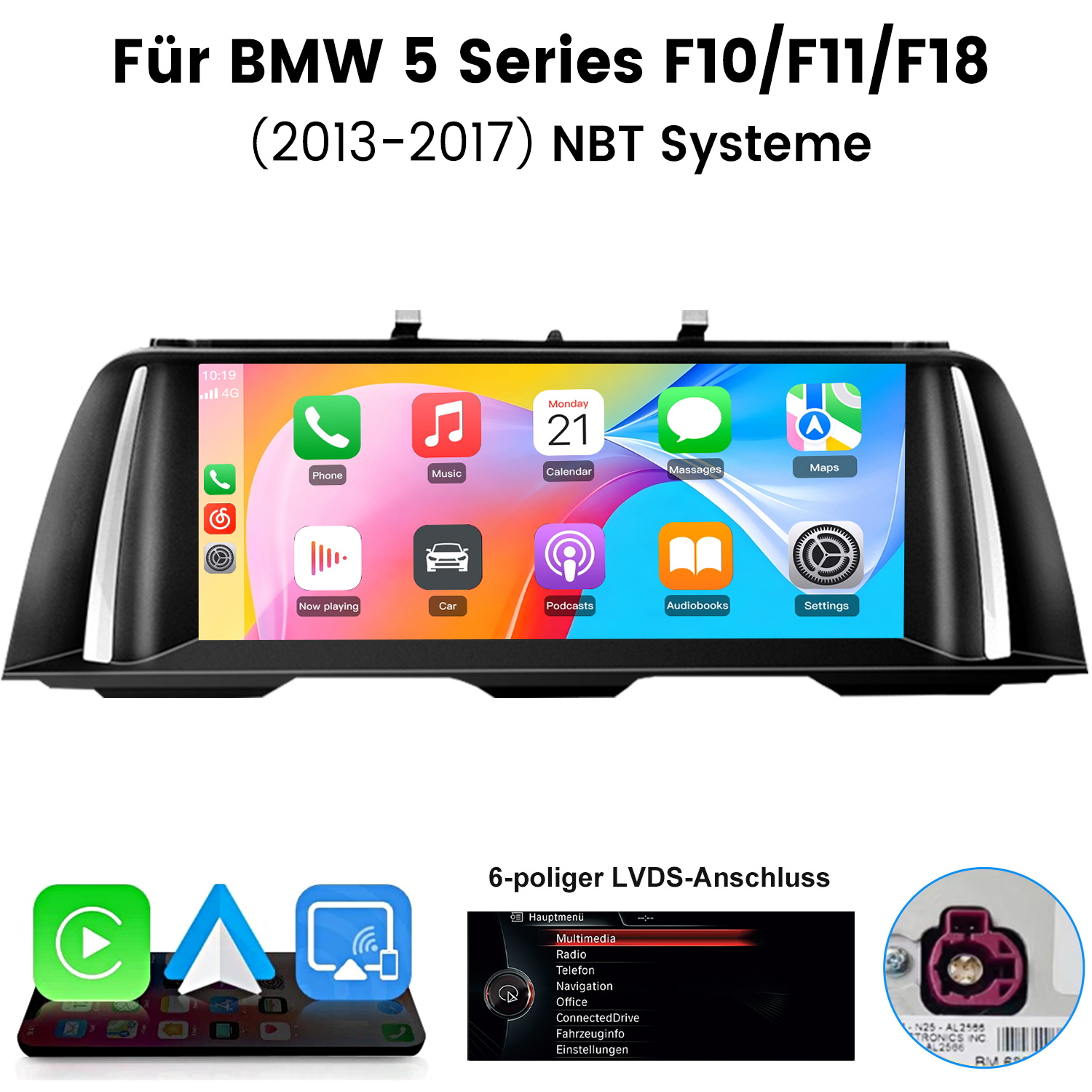 BMW 5er Infotainment-Display mit CarPlay-Oberfläche, Anschlüssen und Menüansicht.