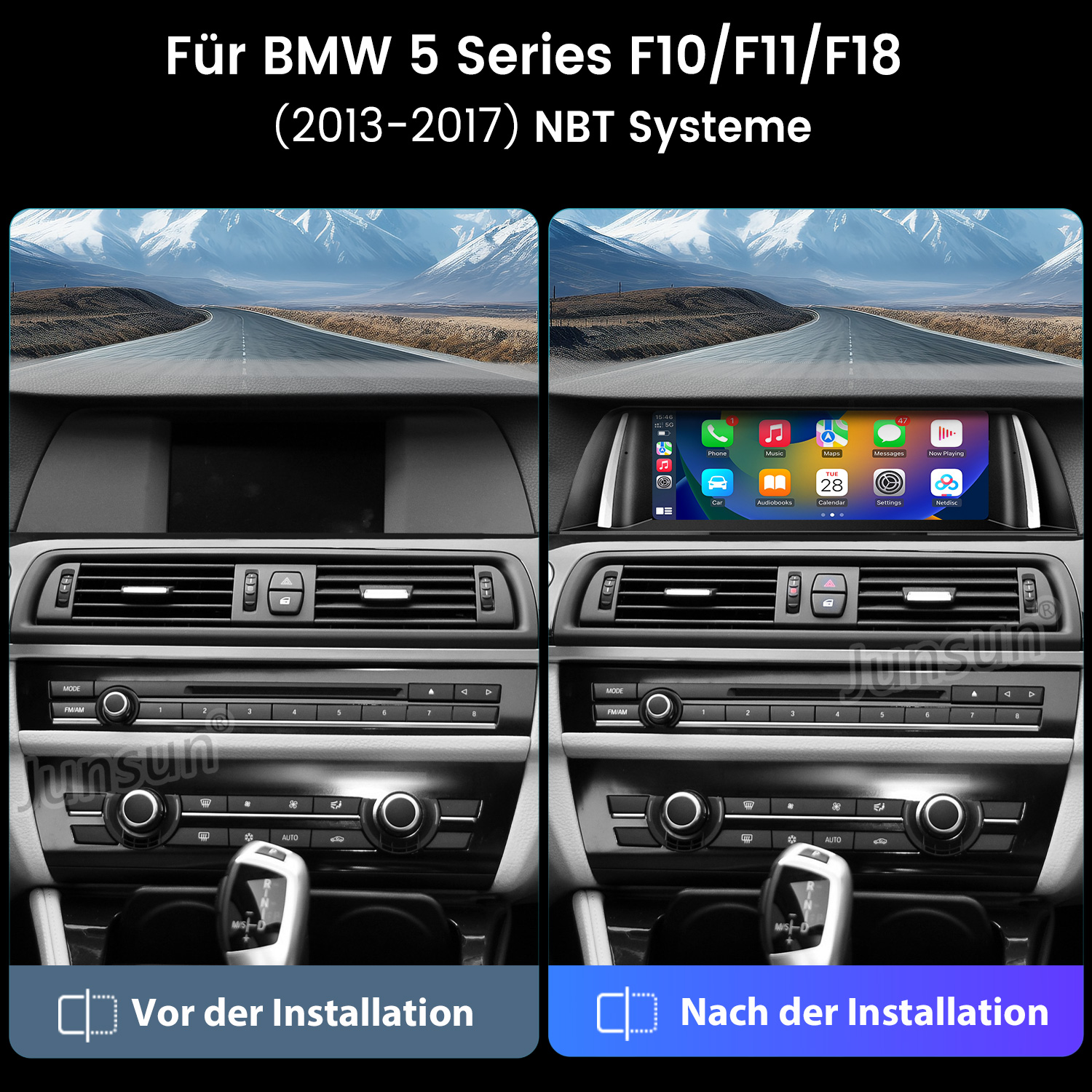 Vergleich von BMW 5er Cockpit vor und nach der Installation eines neuen Navigationssystems.