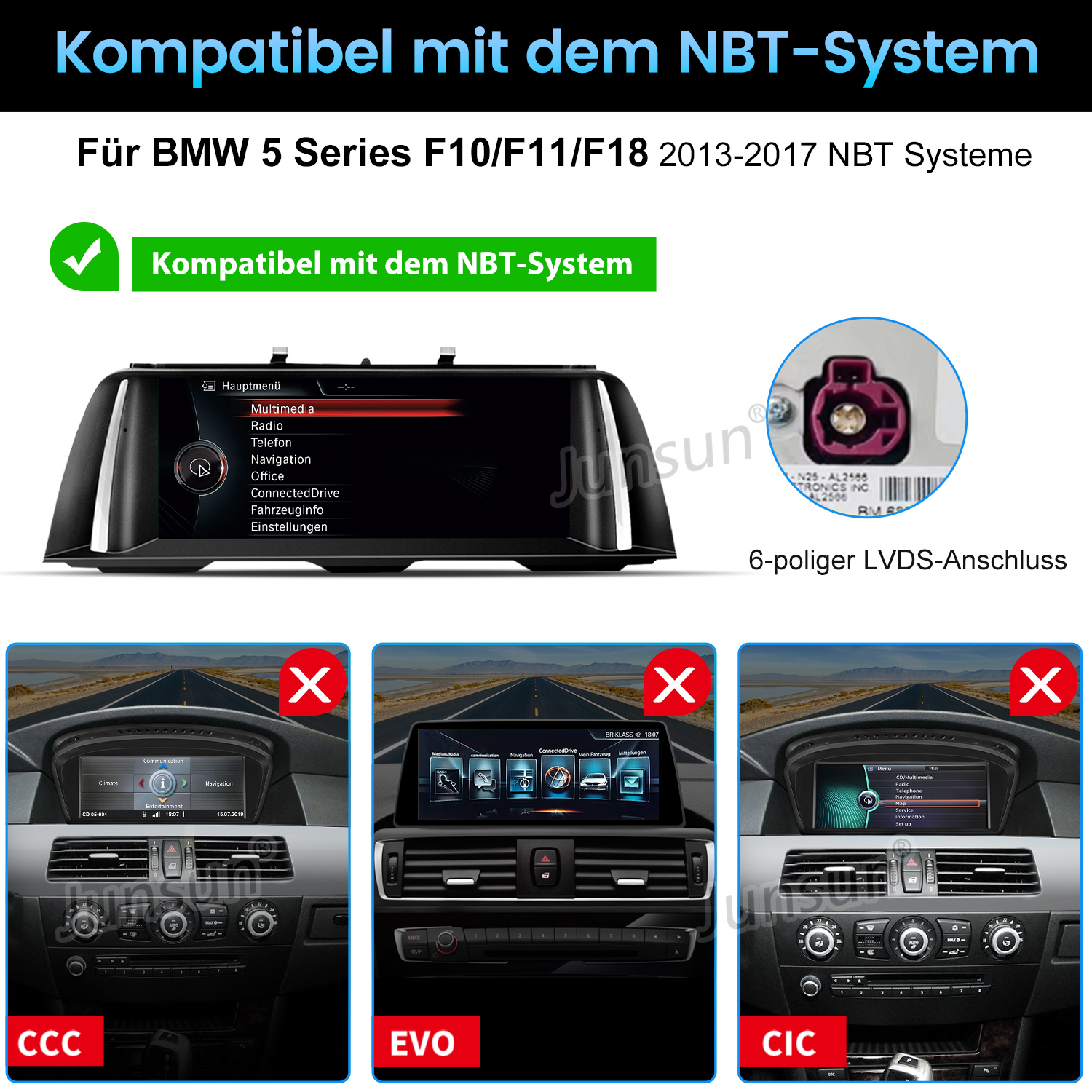 BMW NBT System Kompatibilitätsleitfaden mit Bildschirm und Stecker, zeigt inkompatible CCC, EVO und CIC Modelle.