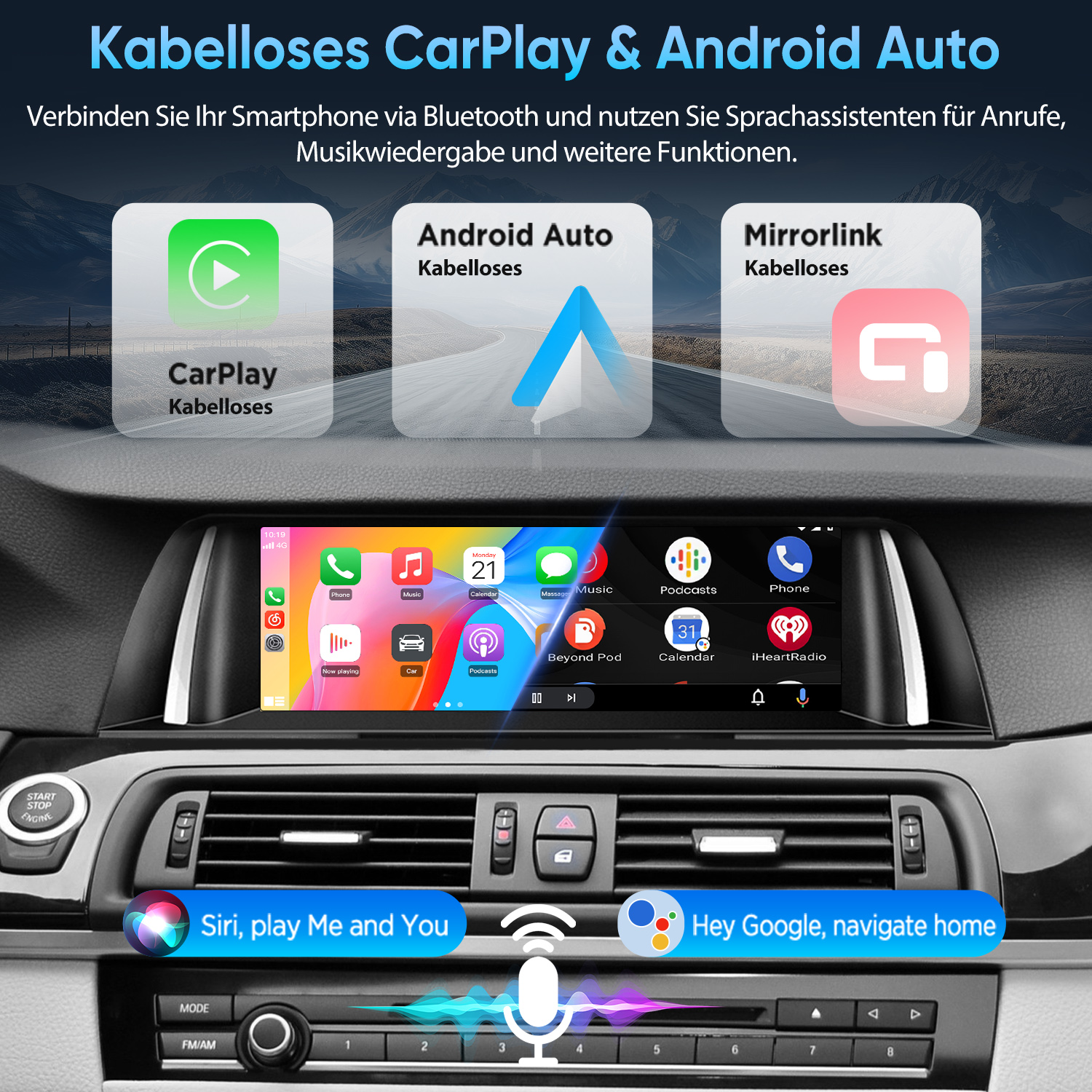 Ein Car-Display zeigt CarPlay und Android Auto, mit Sprachassistenz und Steuerung im Auto.