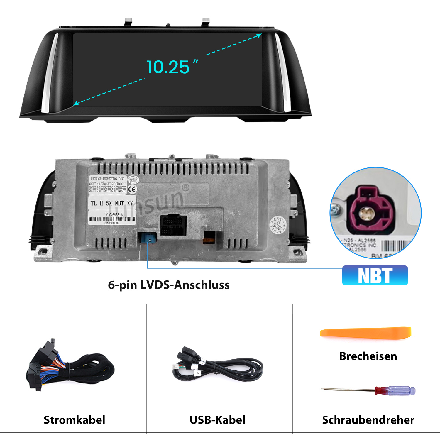 10.25-Zoll-Autodisplay, Rückseite, NBT-Anschluss, Stromkabel, USB-Kabel, Demontagewerkzeug und Schraubendreher.