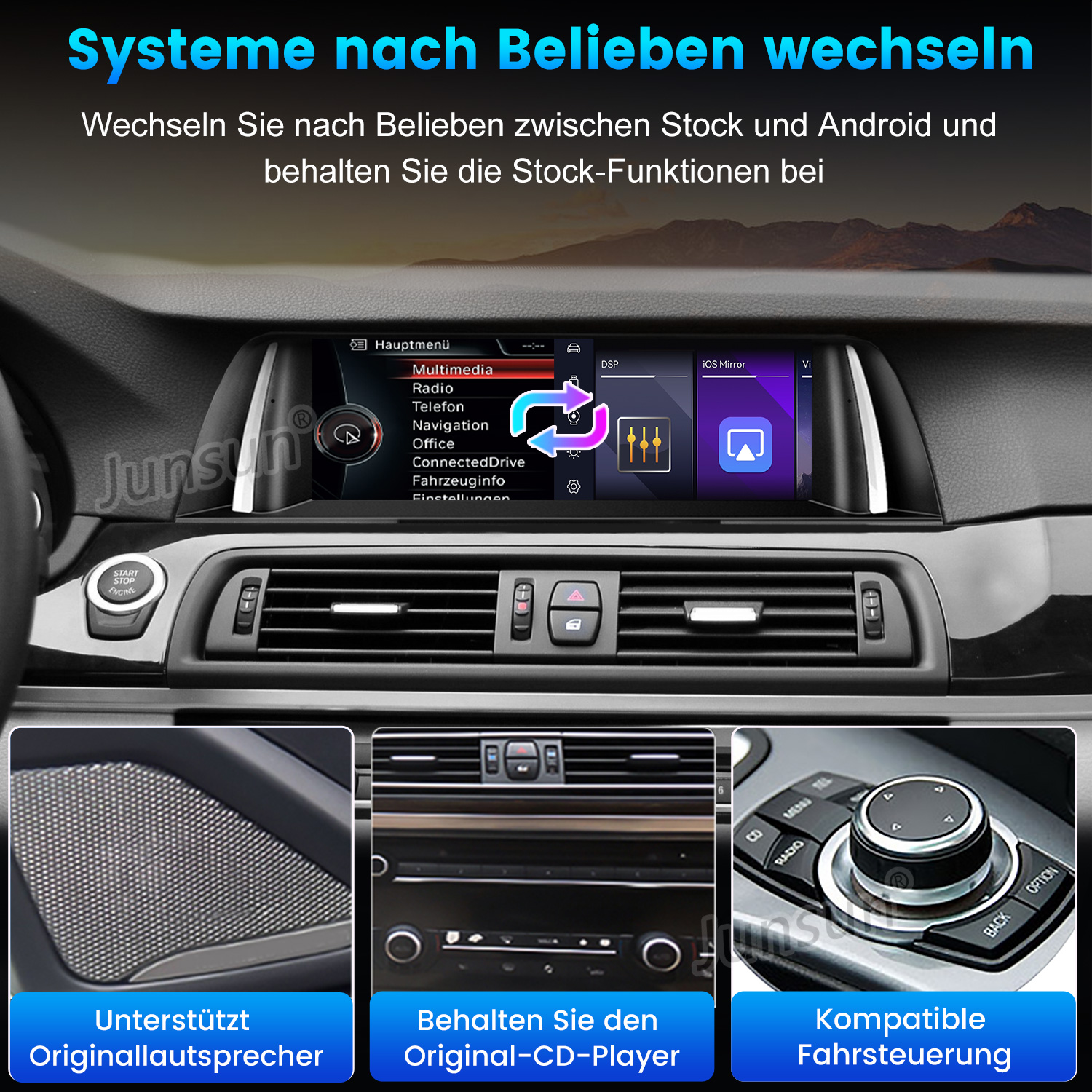 Autoinnenraum mit Car-Display, Lüftungsgittern und drei Detailfotos für Lautsprecher, CD-Player und Steuerung.