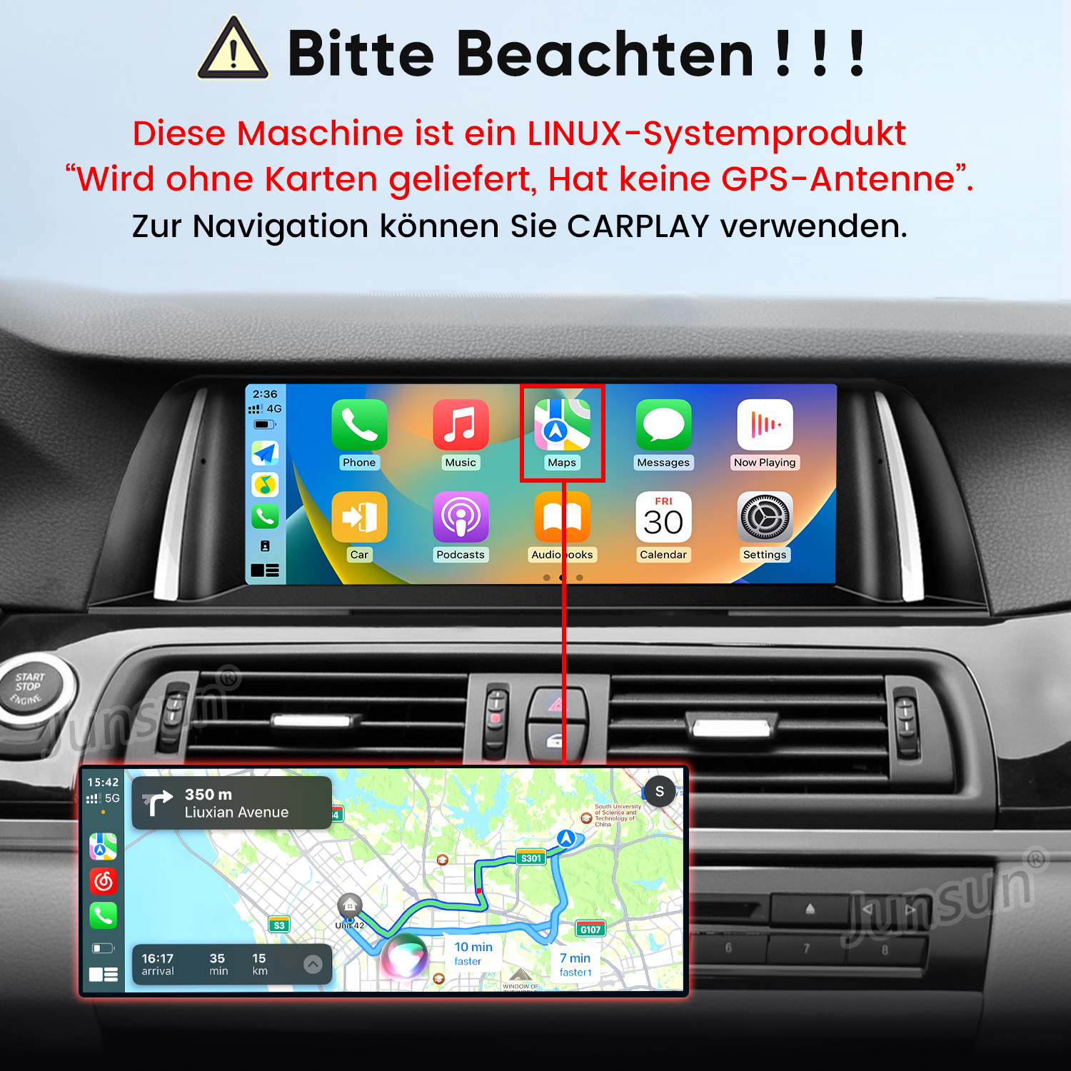 Autodisplay mit CarPlay-Hinweis und integrierter Kartenansicht.