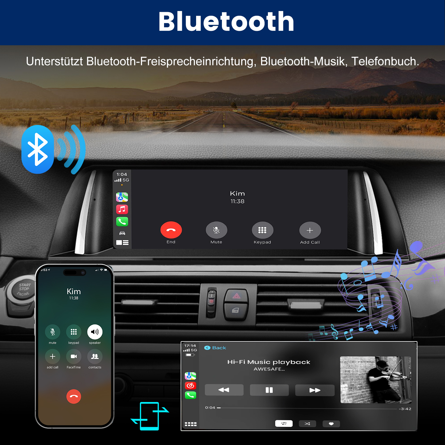 Ein Auto-Armaturenbrett mit Bildschirm, verbundenem Smartphone, Bluetooth-Symbolen und Musik-Wiedergabe.