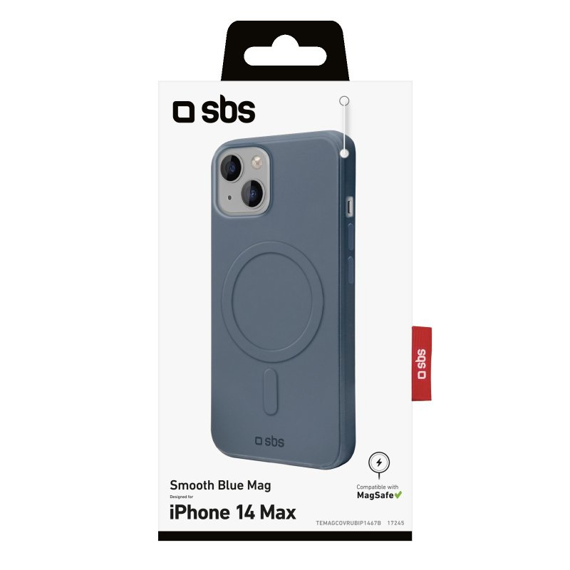 Custodia per cellulare SBS MagSafe blu per iPhone 14 Max nella confezione.