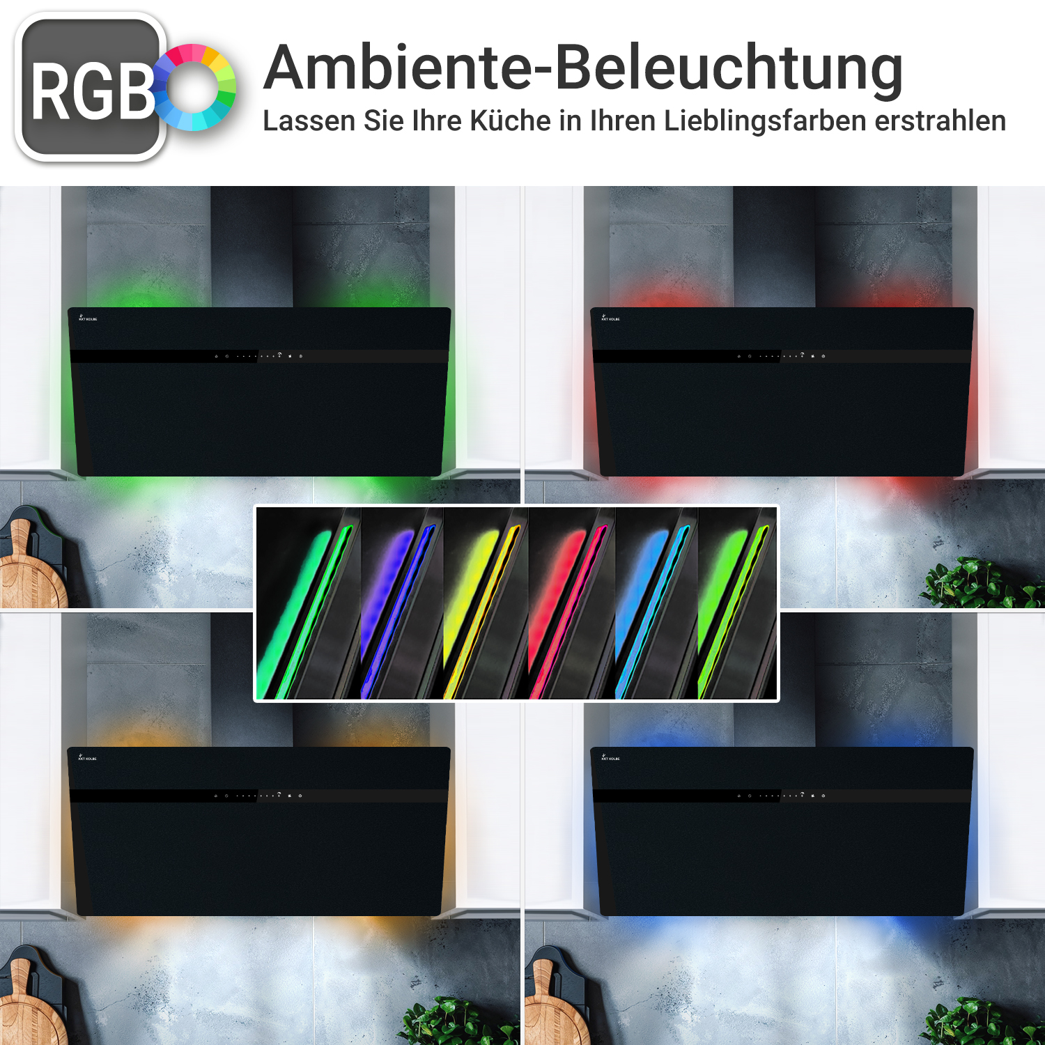 Cappa da cucina nera con varie opzioni di illuminazione ambientale RGB.