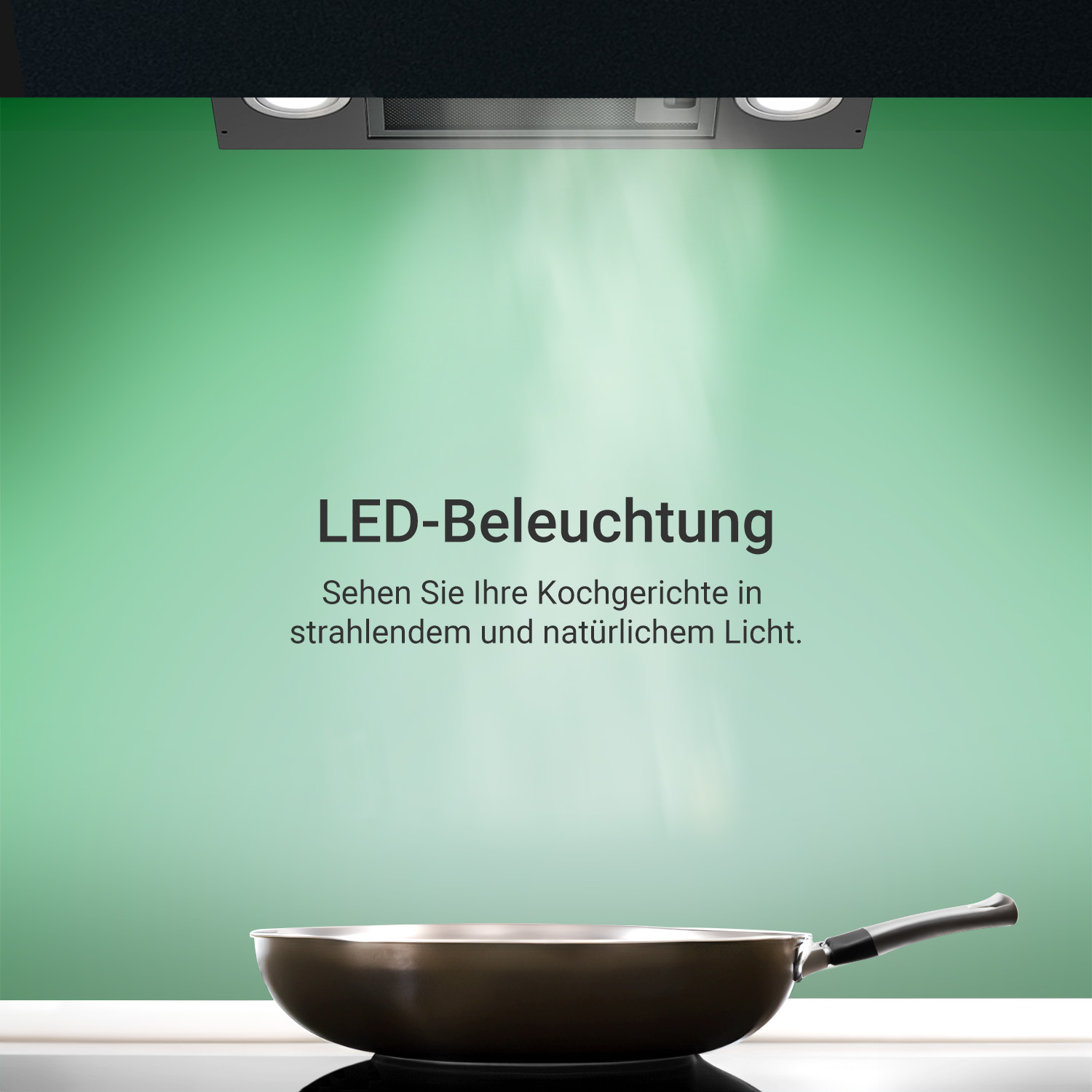Una cappa da cucina con luci LED sopra una padella contro una parete verde.
