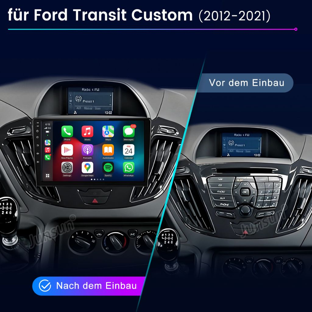 Vergleich der Ford Transit Custom Mittelkonsole vor und nach dem Einbau eines neuen Touchscreen-Radios.