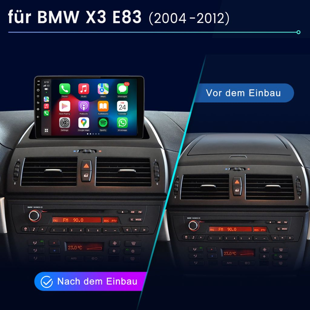 Vergleich des BMW X3 E83 Armaturenbretts vor und nach dem Einbau eines Multimedia-Touchscreens.