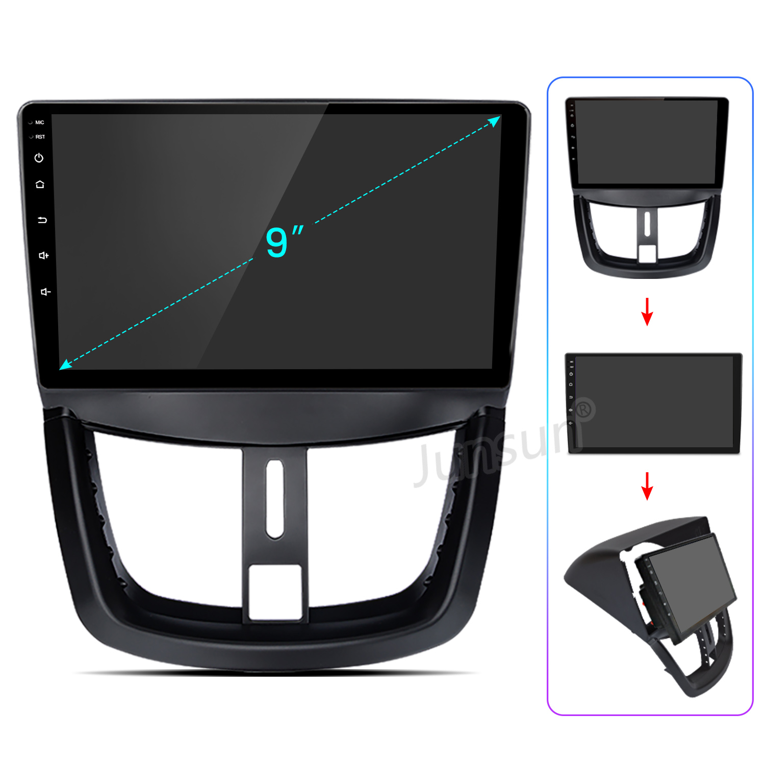 Ein 9-Zoll Auto-Multimedia-Display mit Einbaurahmen und Anleitungsschritten.