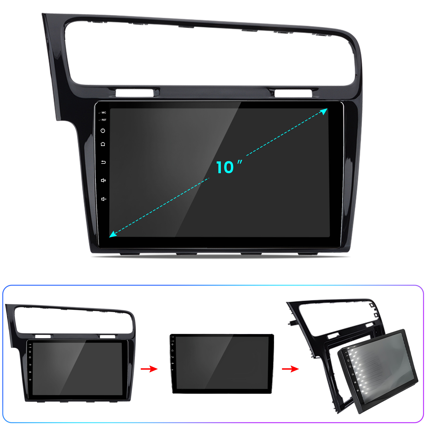 10-Zoll-Auto-Navigationssystem mit schwarzem Armaturenbrettrahmen und drei Ansichten unten.