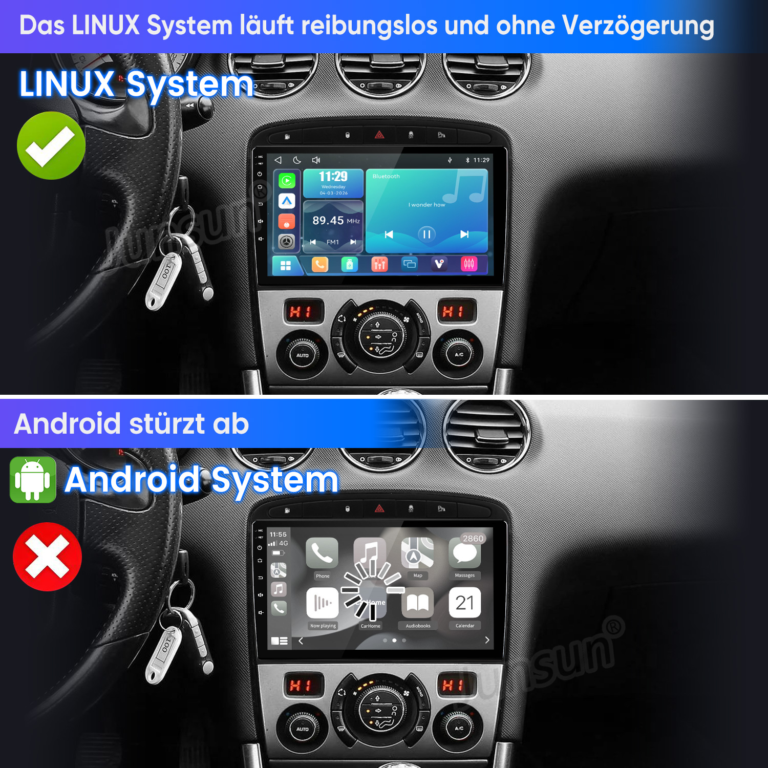 Vergleich eines flüssigen Linux-Autosystems mit einem fehlerhaften Android-System.