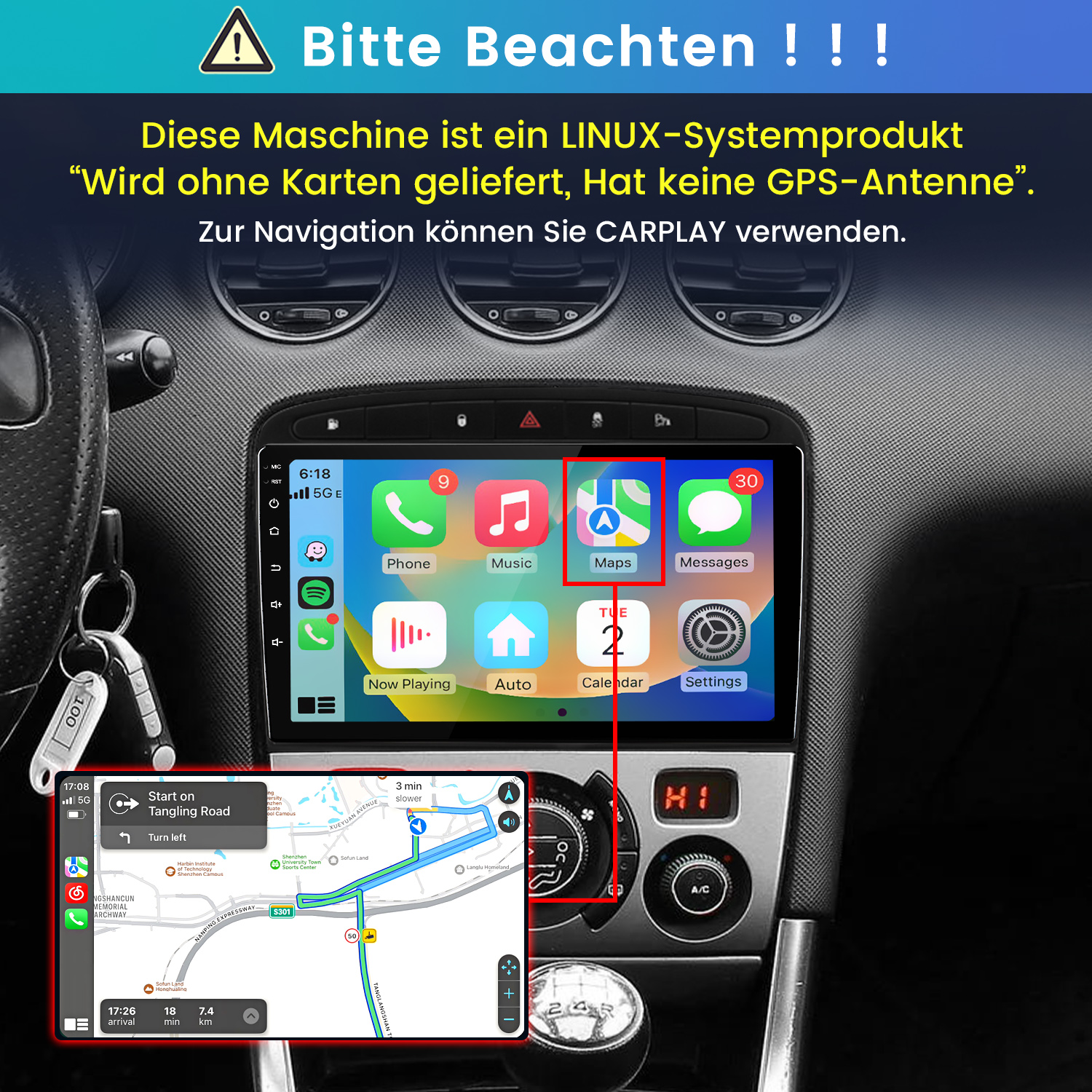 Linux-Autoradio mit CarPlay-Navigation, ohne Karten und GPS.