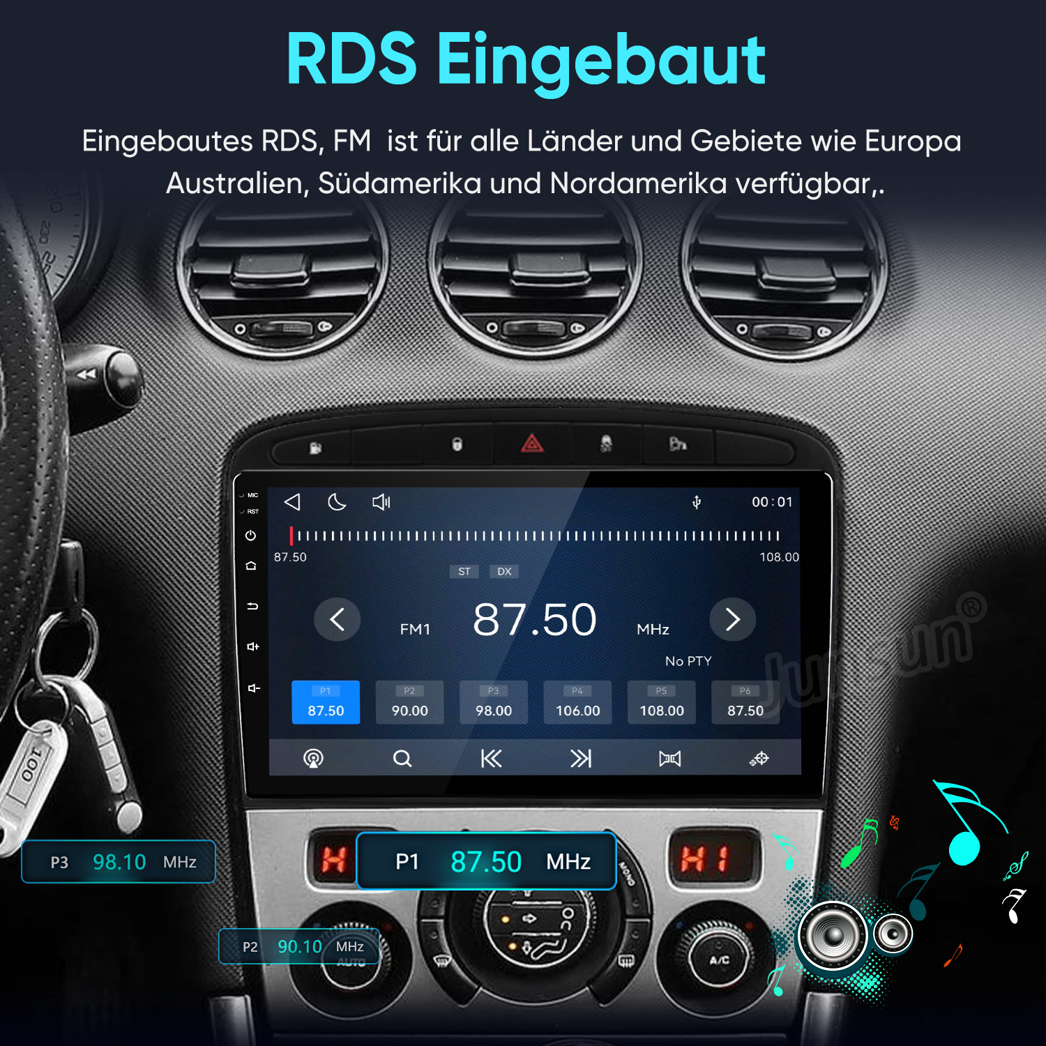 Autoradio mit FM-Tuner und RDS im Armaturenbrett eines Autos installiert.