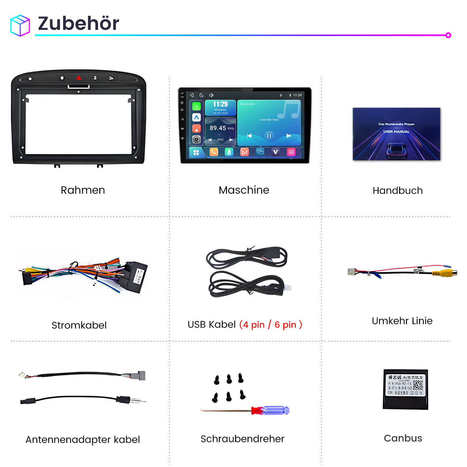Übersicht von Autoradio-Zubehörteilen inklusive Rahmen, Display, Kabeln, Handbuch und Werkzeug.
