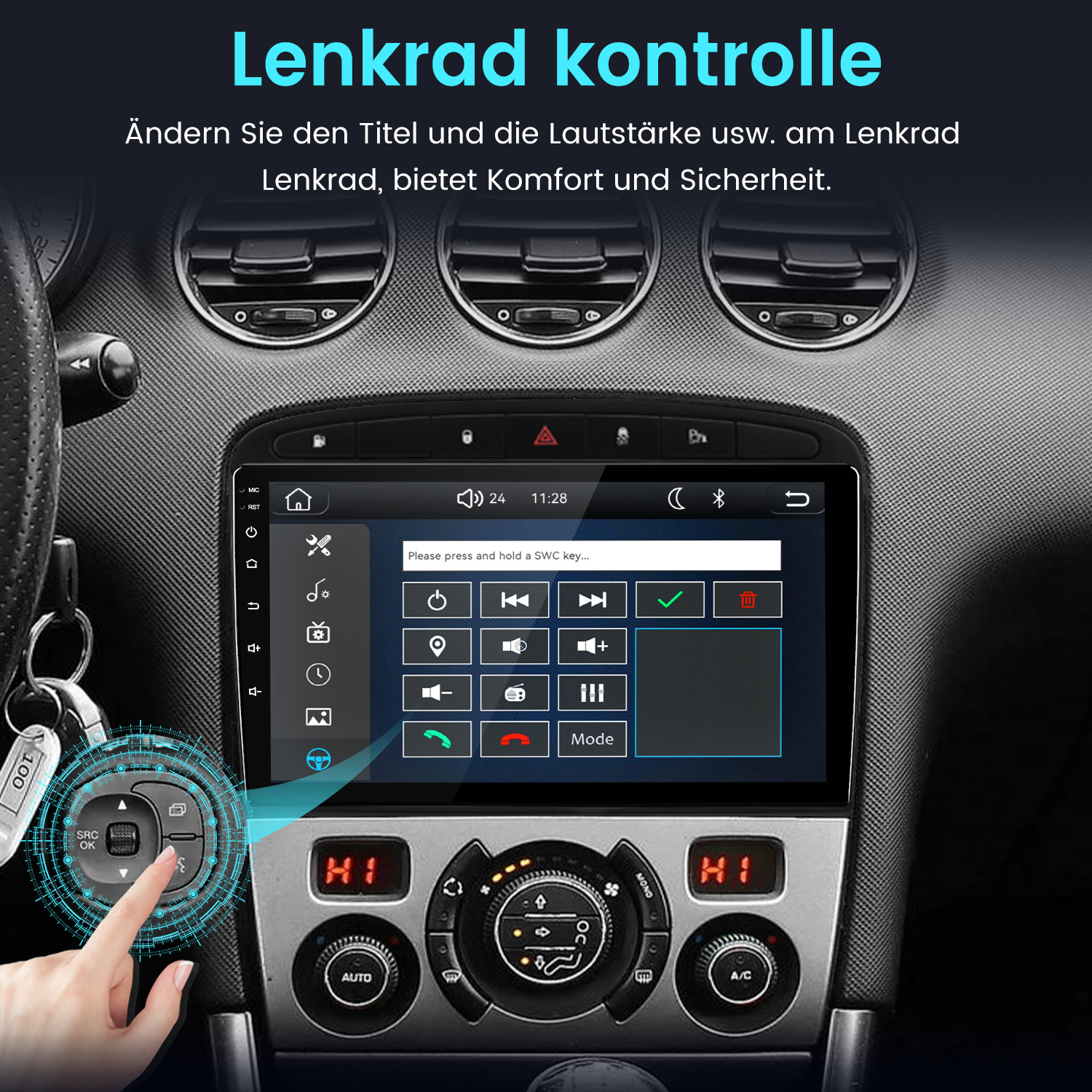 Ein Auto-Infotainment-Bildschirm zeigt Lenkradsteuerungseinstellungen mit verschiedenen Funktions-Buttons.