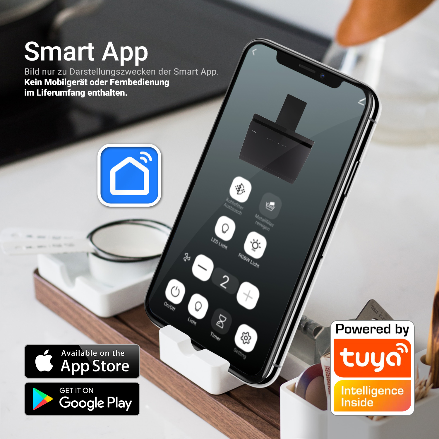 Uno smartphone in un supporto mostra un'app per la casa intelligente per controllare una cappa da cucina.