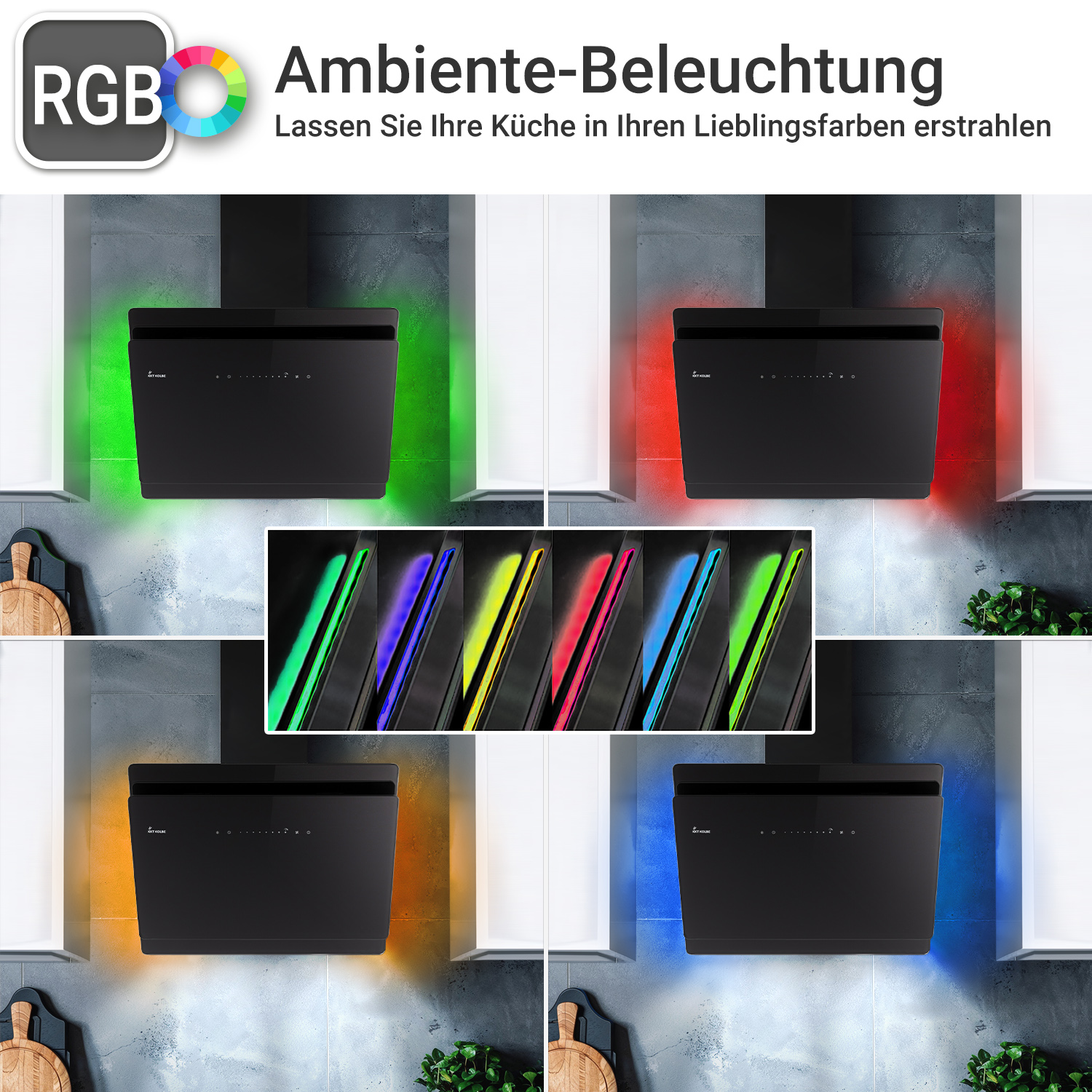 Una cappa da cucina nera con illuminazione ambientale RGB regolabile in vari colori.