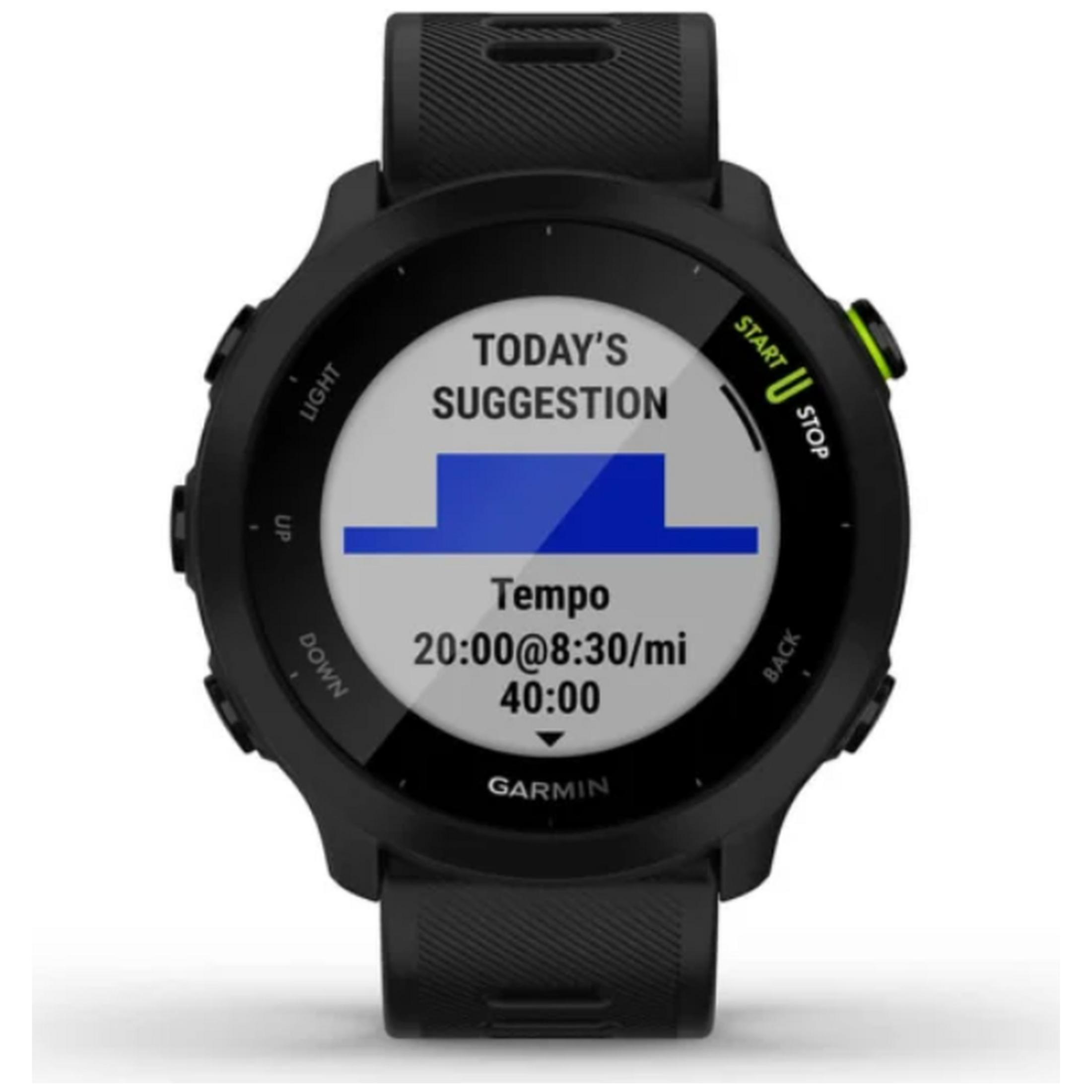 Orologio sportivo Garmin nero con display digitale che mostra un suggerimento di allenamento.