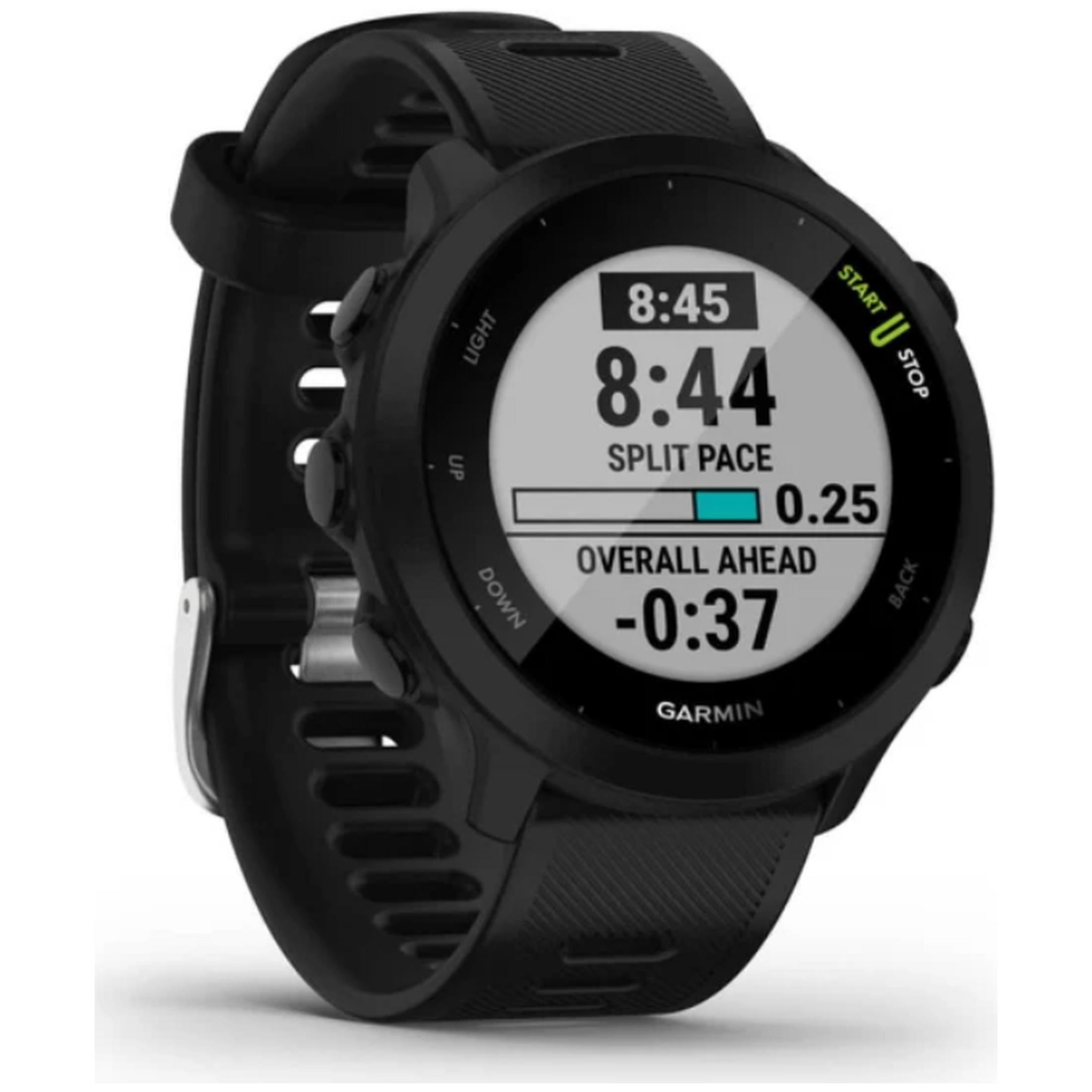 Un orologio sportivo Garmin nero con display digitale su sfondo bianco.