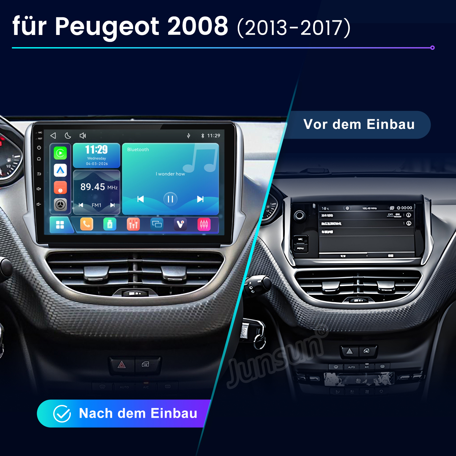 Vergleich Peugeot 2008 Dashboard vor und nach dem Einbau eines neuen Infotainmentsystems.