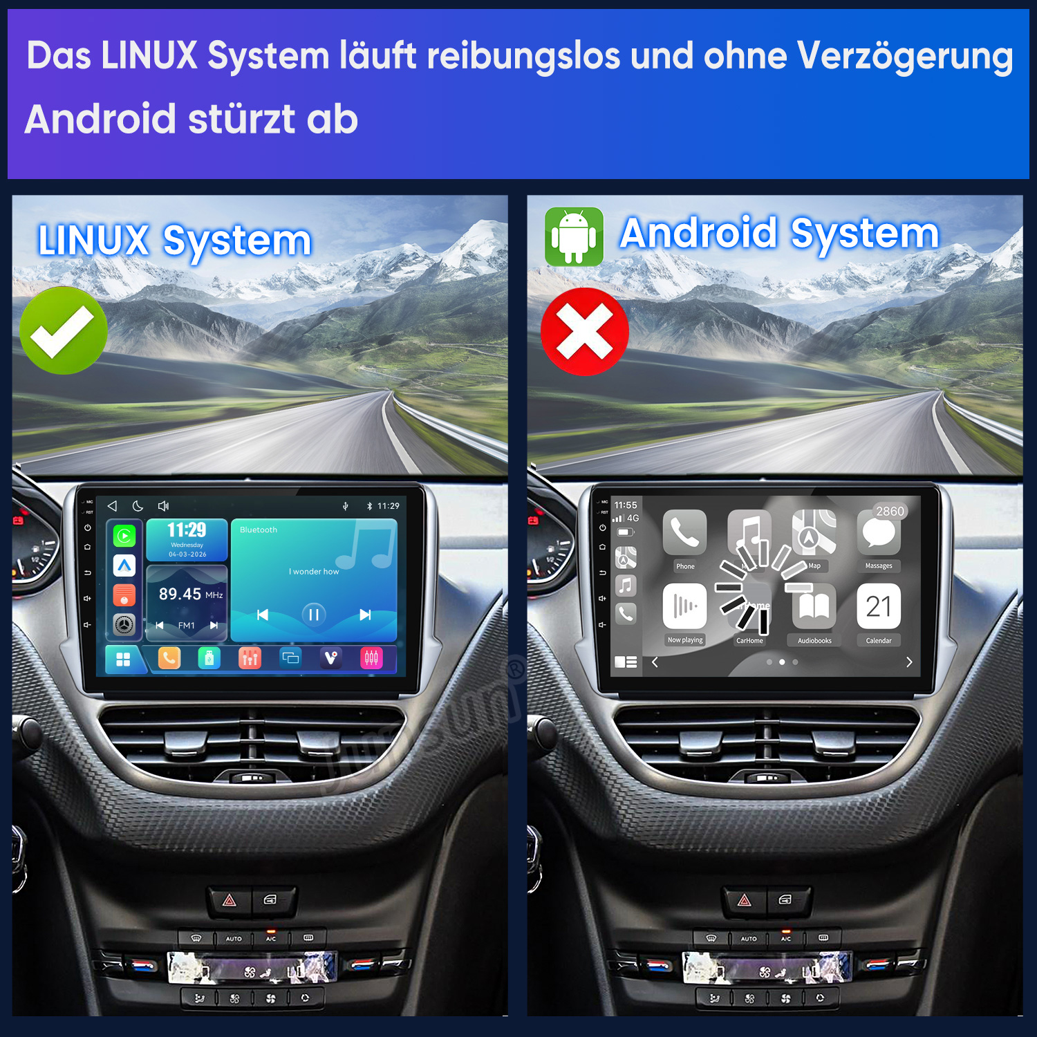 Vergleich zweier Autosysteme: Linux läuft flüssig, Android zeigt einen Ladefehler.