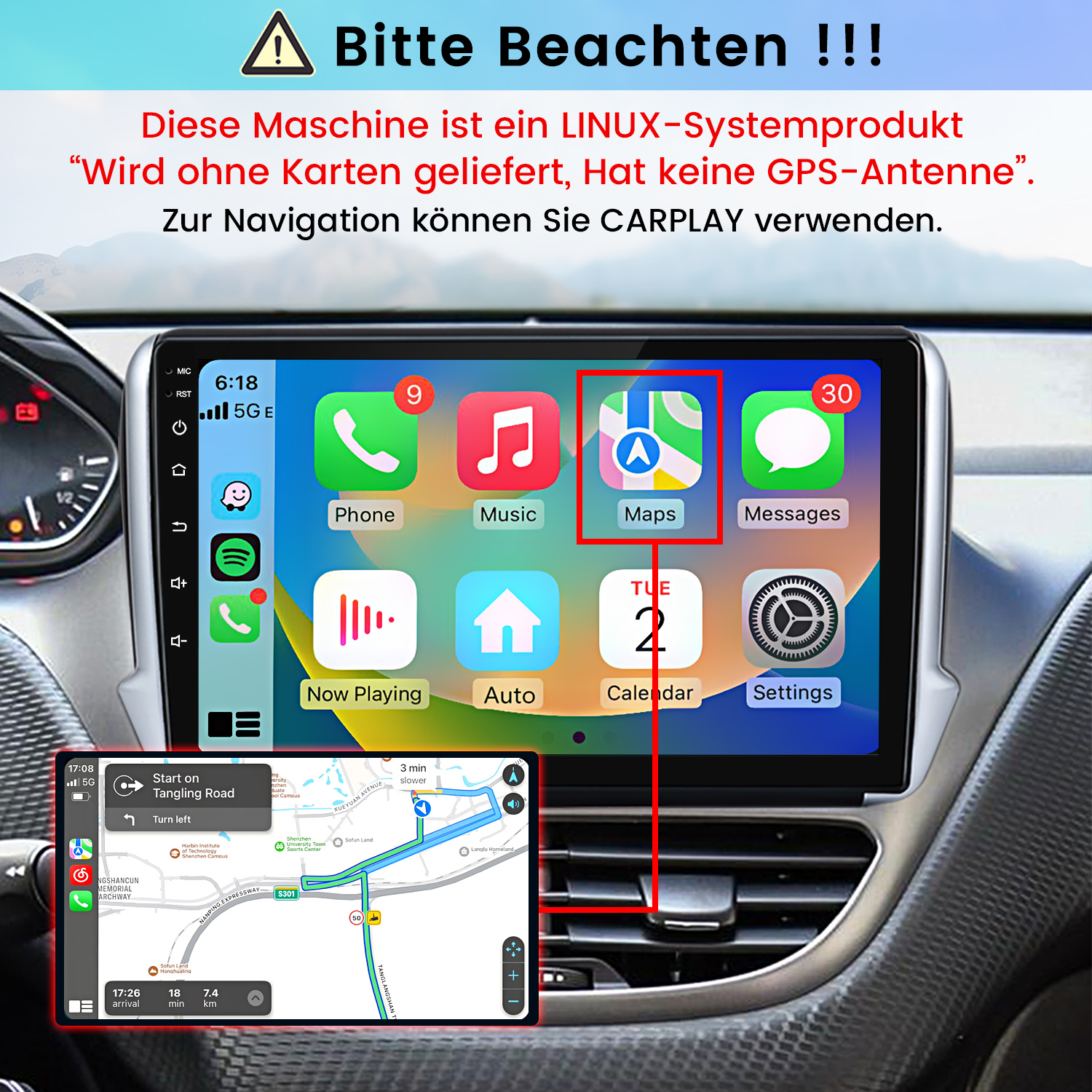 Auto-Infotainment-Bildschirm mit Kartenoberfläche und deutschem Warntext darüber.