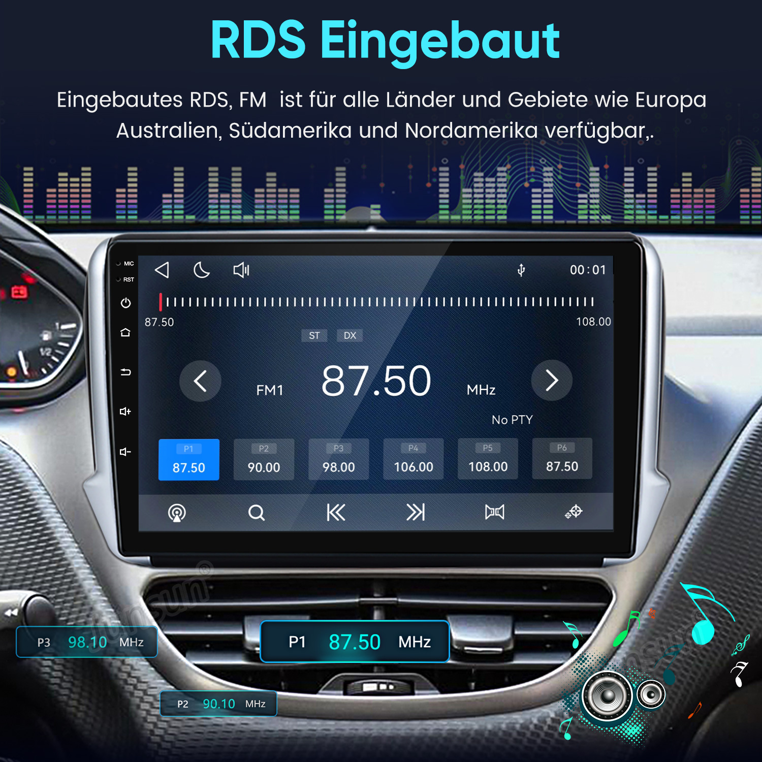 Autoradio mit großem Touchscreen, FM-Radioanzeige und Sound-Equalizer auf dem Display.